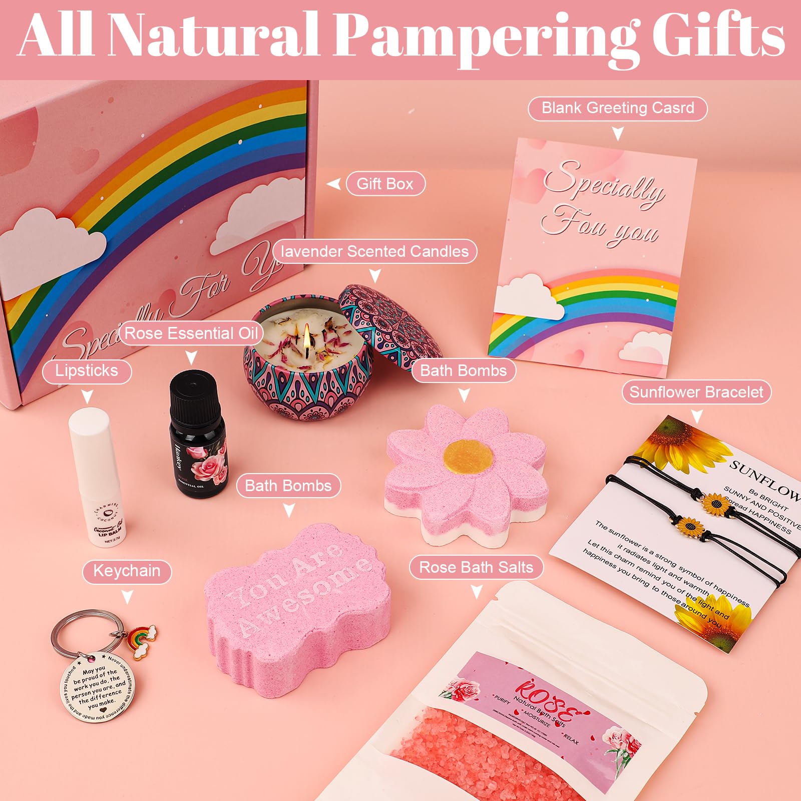 Pearshek 10pc Rose Pamper Gift Set for Women, "You Are Awesome" Self Care Kit with Sunflower Wish Bracelets & Lip Balm - Image 3