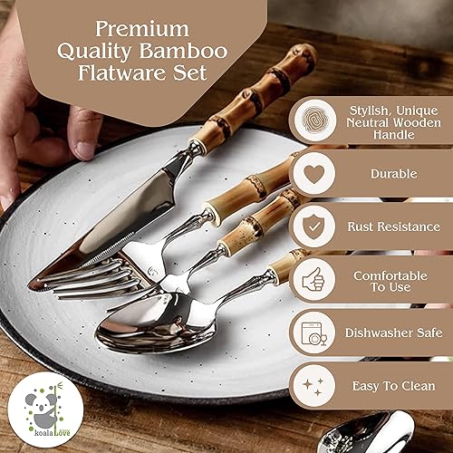 Miniatura 2 de KoalaLove - Juego de cubiertos de bambú natural, hechos a mano, hechos a mano con amor (2 juegos, 12 cubiertos, plateado)