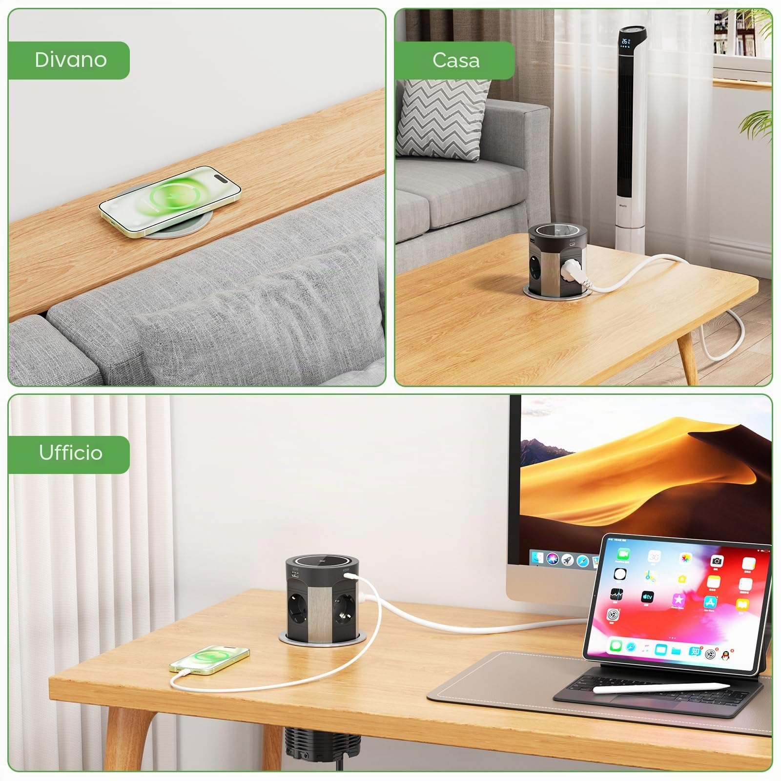 Presa a scomparsa con USB C PD 75W, presa da incasso con caricabatterie wireless da 15W, presa da tavolo a 4 prese a scomparsa per piano di lavoro in cucina, cavo da 1,8 m, Nero
