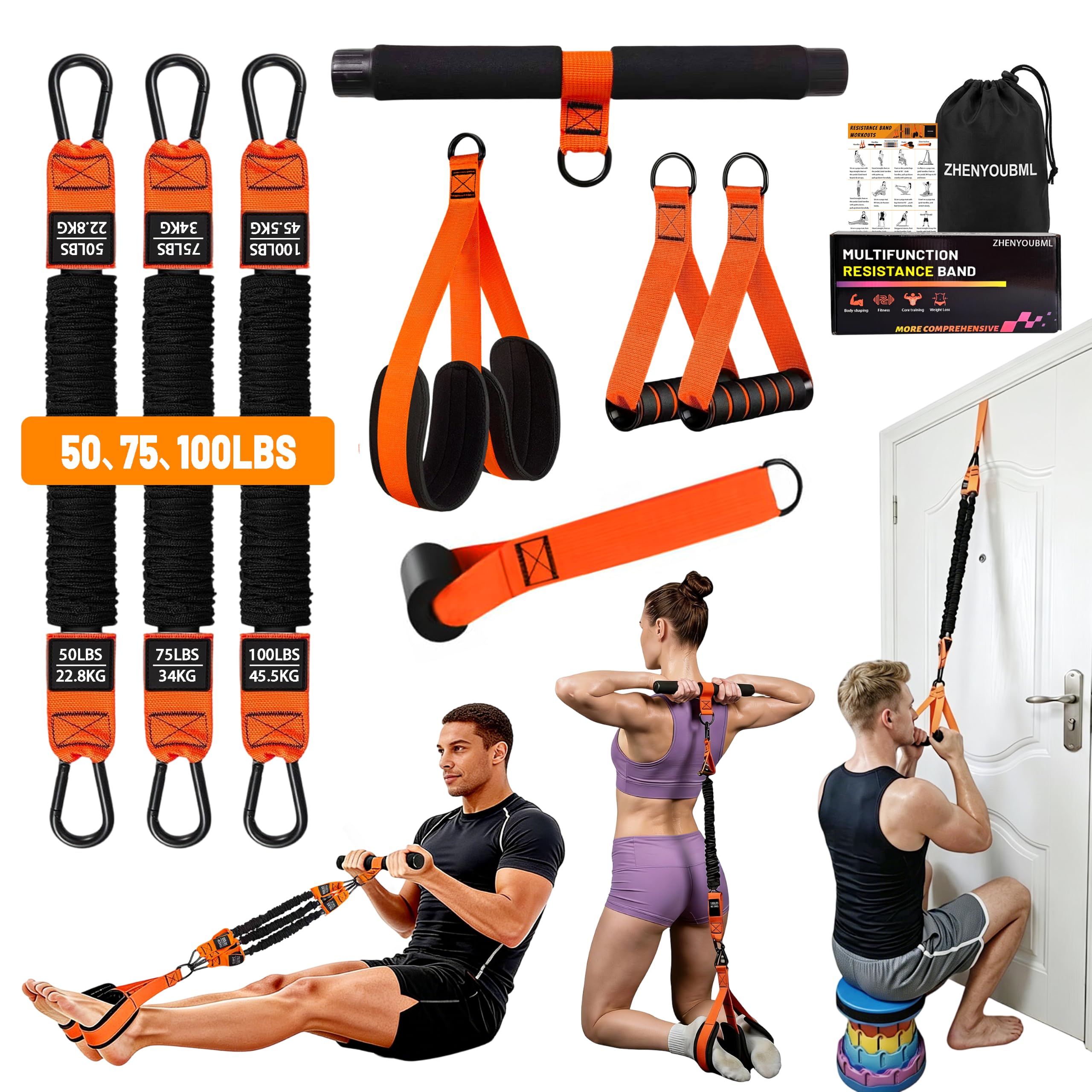 View 1 of 10PCS Pedal Resistance Band with Handle, Workout Door Anchor Kit, Orange