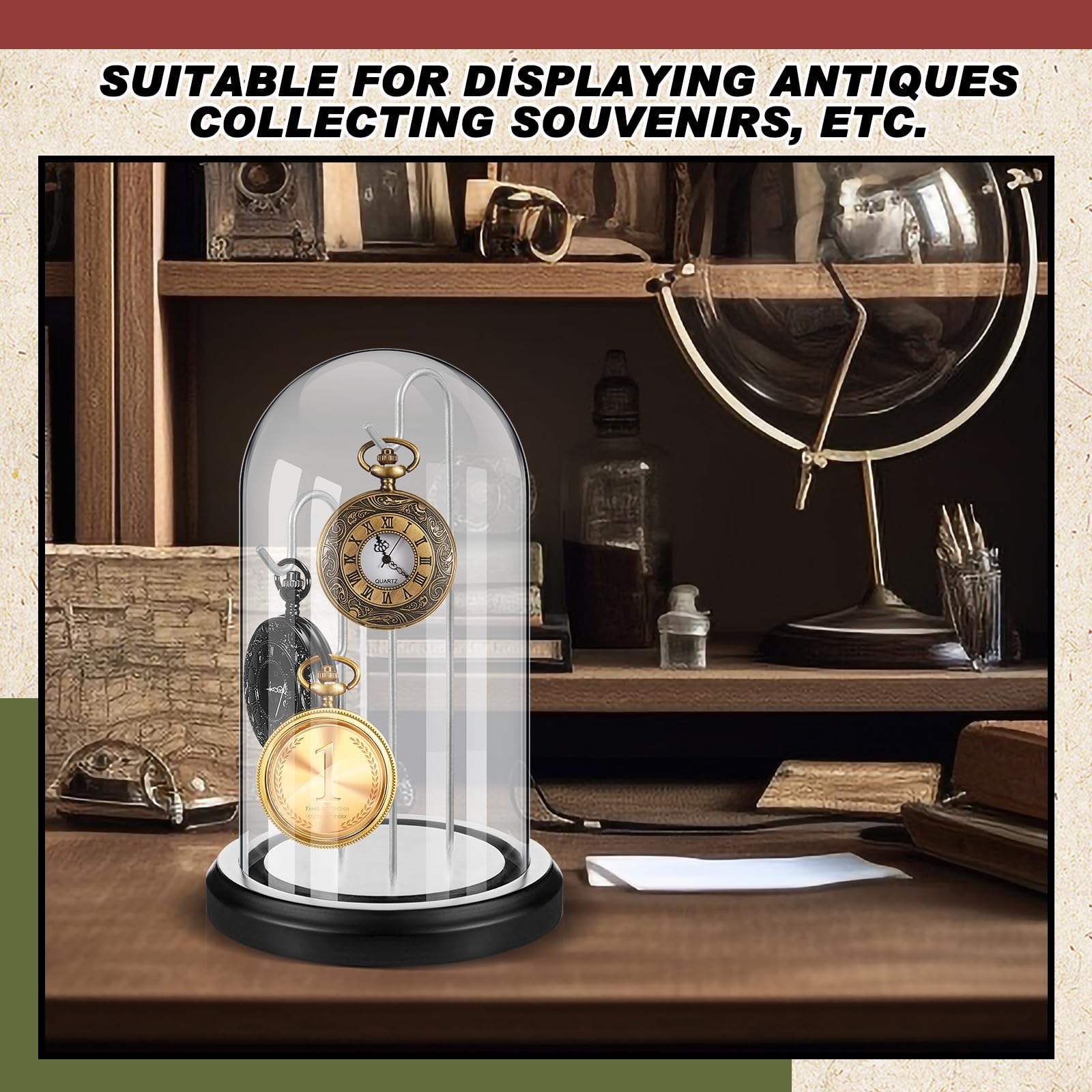 Beeveer Reloj de bolsillo de 4 x 7 pulgadas con cúpula de cristal con 3 ganchos, soporte transparente para reloj de bolsillo, vitrina de cristal con base de madera para adornos, medallas