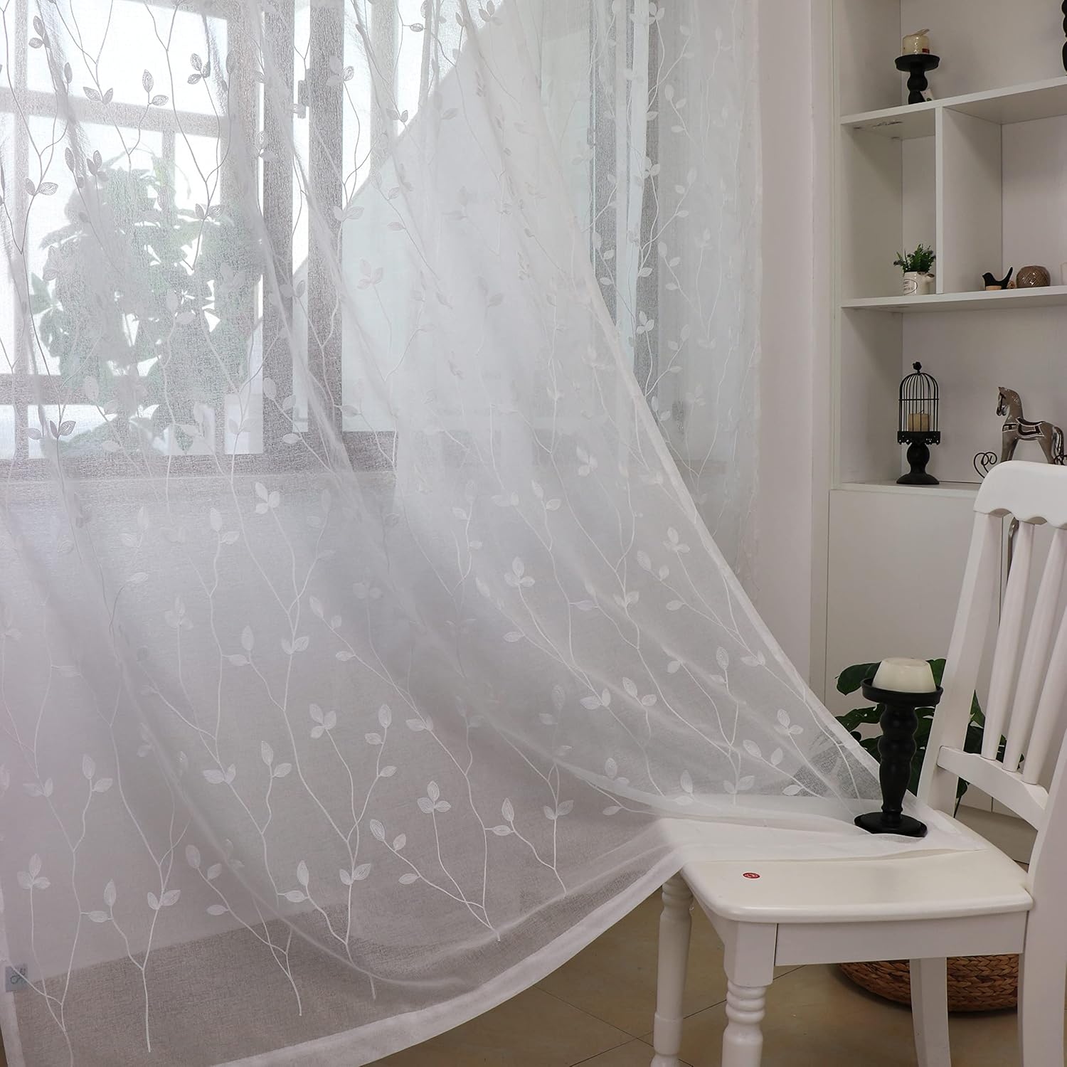 SLOW SOUL 2 Panels Pink Embroidered Leaves Sheer Curtain Faux Linen Semi Sheer Voile Window Curtains Drapes for Bedroom Living Room Rod Pocket 52W X 79L inch