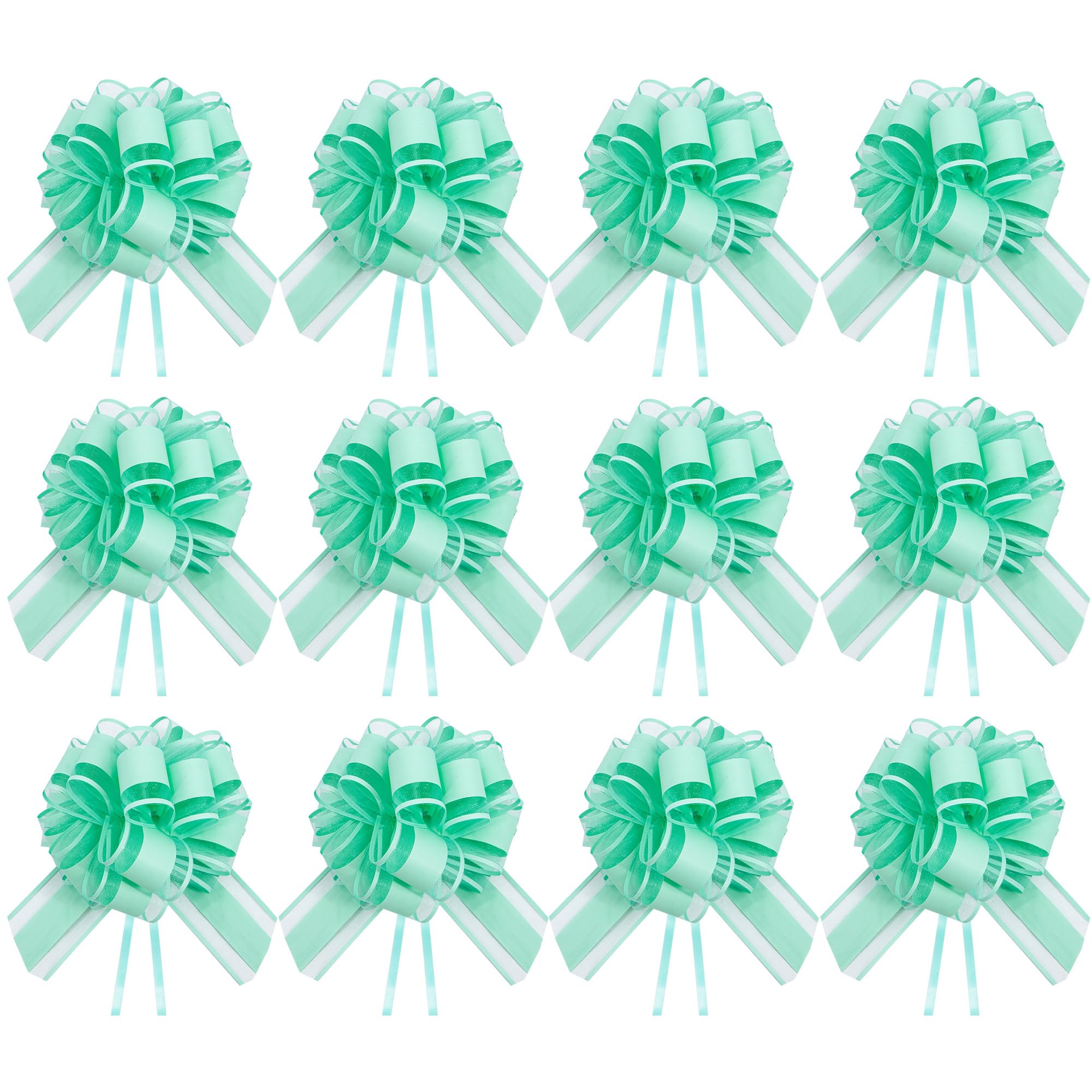 Time to Sparkle 12PCS Organza Pull Bows 17cm*22cm Gift Wrapping Bows Present with Ribbon Pull String for Christmas Baskets,Party Present,Holiday - Mint Green
