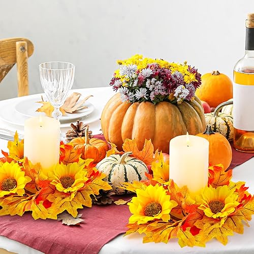 Miniatura 6 de Panelee 4 piezas de anillos de vela de otoño de Acción de Gracias, coronas, velas artificiales de hoja de arce de 5.12 pulgadas, soporte para