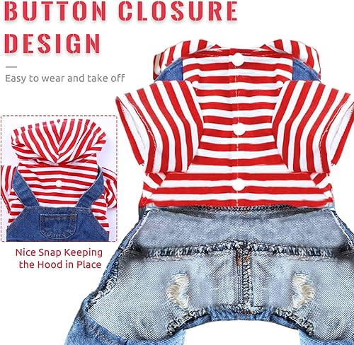 Miniatura 4 de DOGGYZSTYLE Ropa con capucha para perros pequeños, camisas a rayas, traje de mezclilla de una pieza para perros pequeños y medianos, gatos,