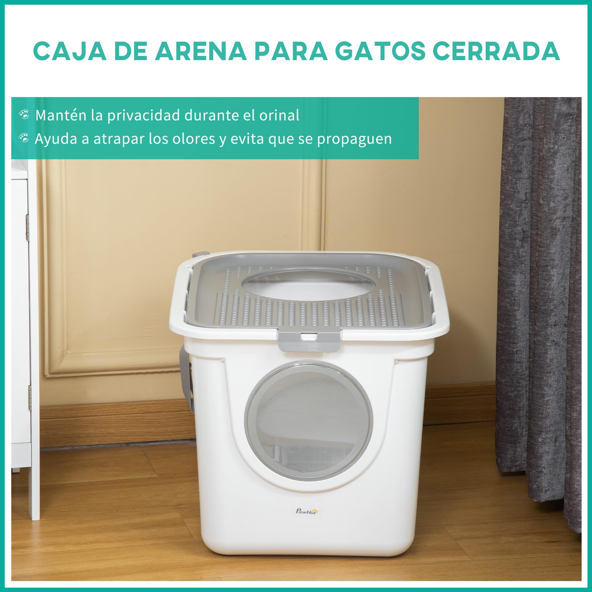 PawHut Arenero para Gatos con Pala 2 Puertas 44x55x39 cm Blanco y Gris | Inodoro para Mascotas, Entrada Principal y Salida Superior