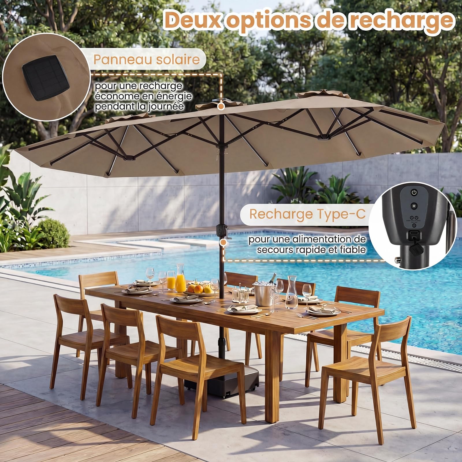 COSTWAY Parasol de Jardin Double 400 x 210 cm, Grand Parasol Rectangulaire avec LED, Manivelle Pratique, Structure à 12 Baleines, Protection Solaire pour Terrasse, Balcon, Camping (Marron)