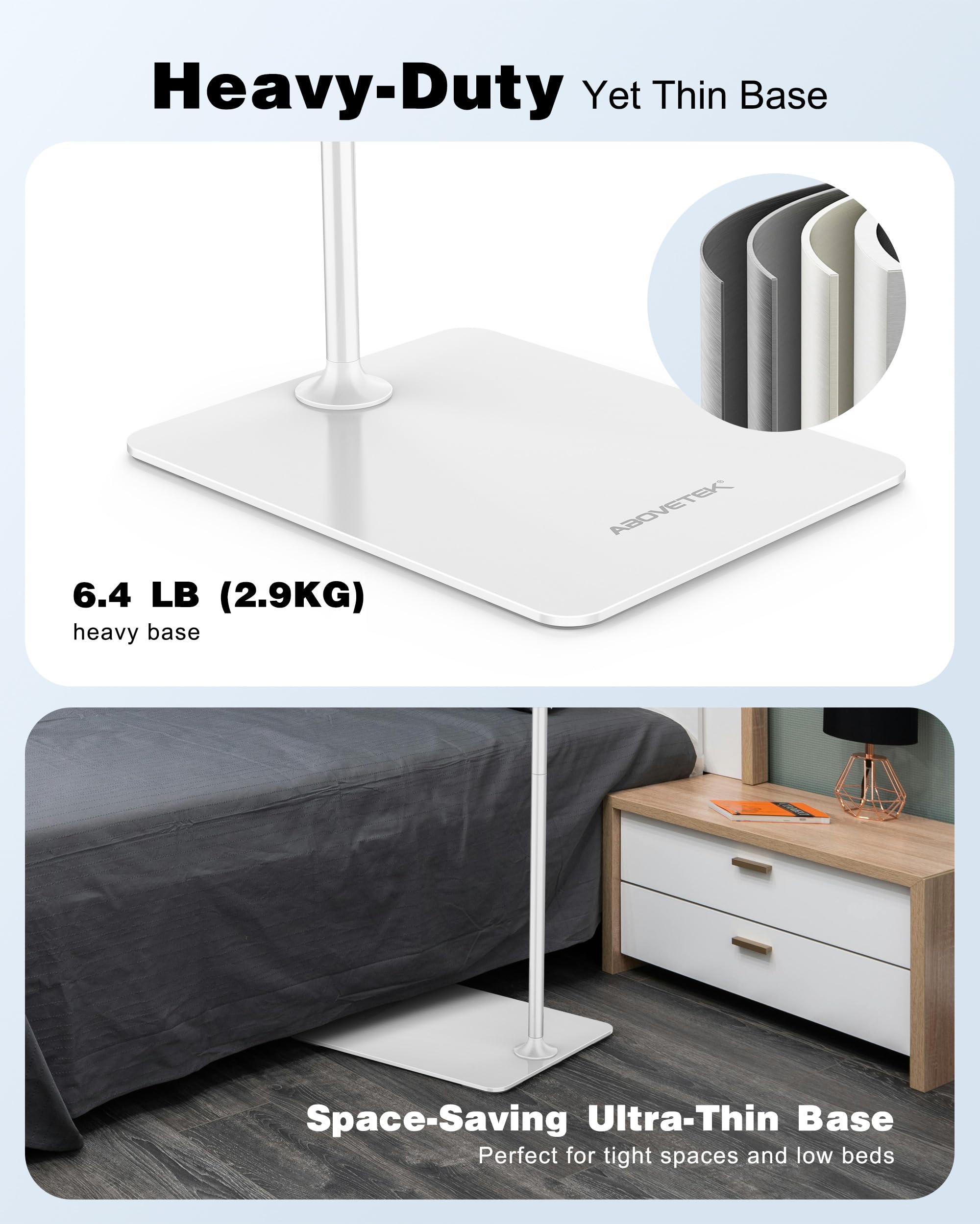 AboveTEK Tablet-Bodenständer, Stilvoller Verstellbarer iPad-Ständer, Aluminium-Halterung mit 360° Rotation für Sofa und Bett, Kompatibel mit 4,7"-13,5" Handy iPad Pro Air Mini Kindles (Weiß)