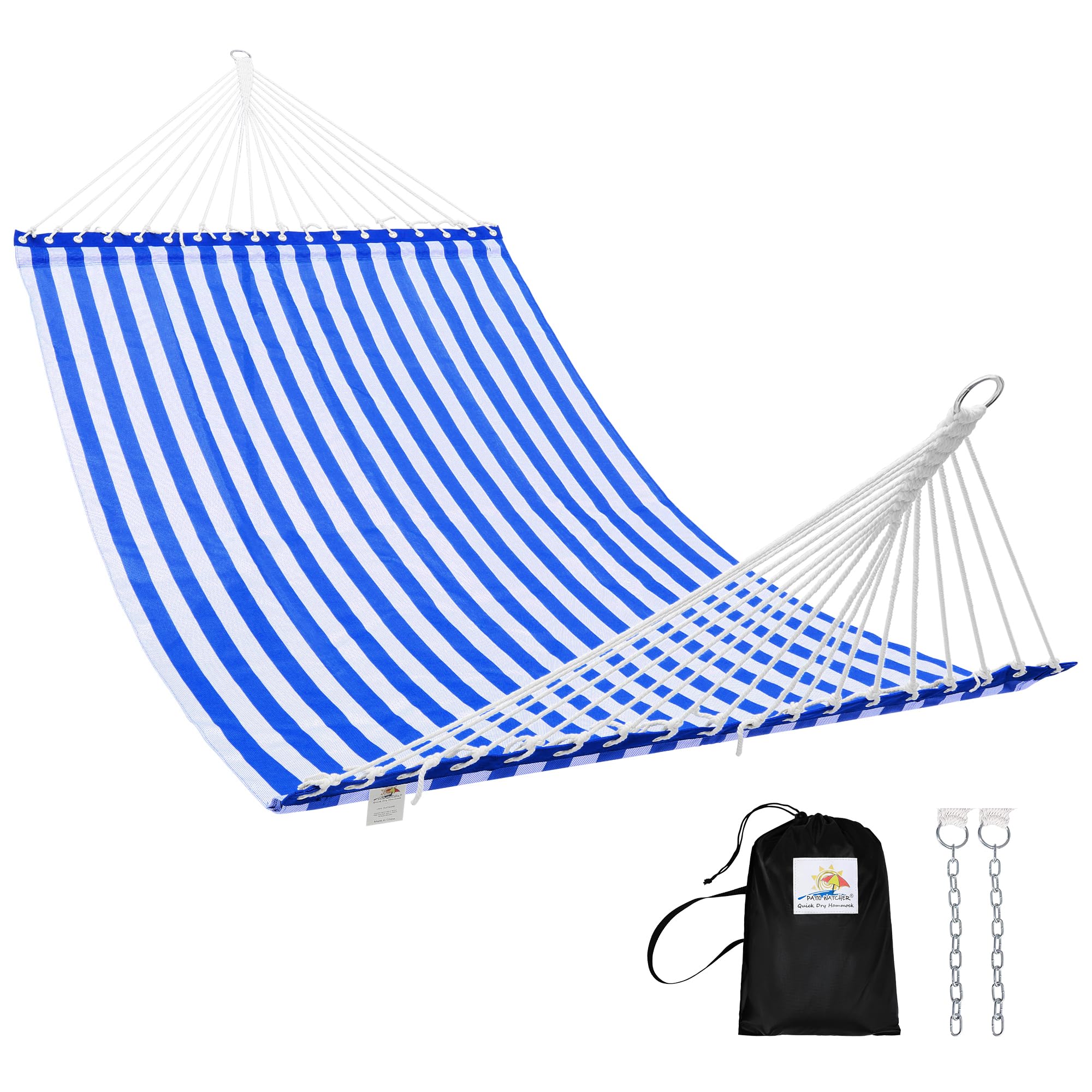 Patio Watcher 13 FT Double Quick Dry Hammock Folding Concealed Steel Spreader Bar Portable Two Person Hammock for Camping Outdoor Patio Yard Beach，450 lbs Capacity，Blue White