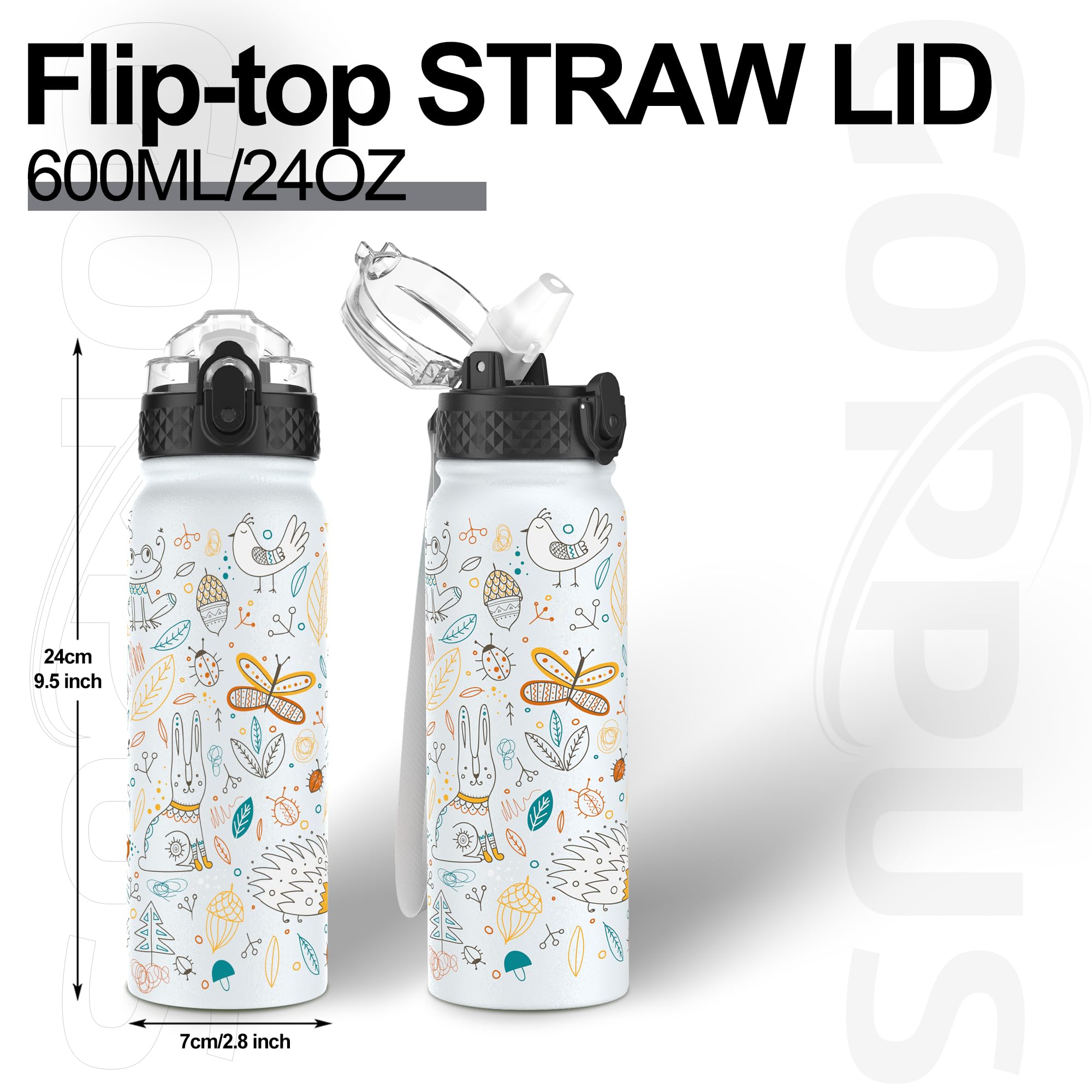 GOPPUS 600ml/20oz Stainless Water Bottle with Straw Double Wall Insulated Bottles with Strap One Hand Open Vacuum Thermal Flask Leakproof Keep Cold Bottles with Flip Top Lid BPA Free (White Animal) - Image 4