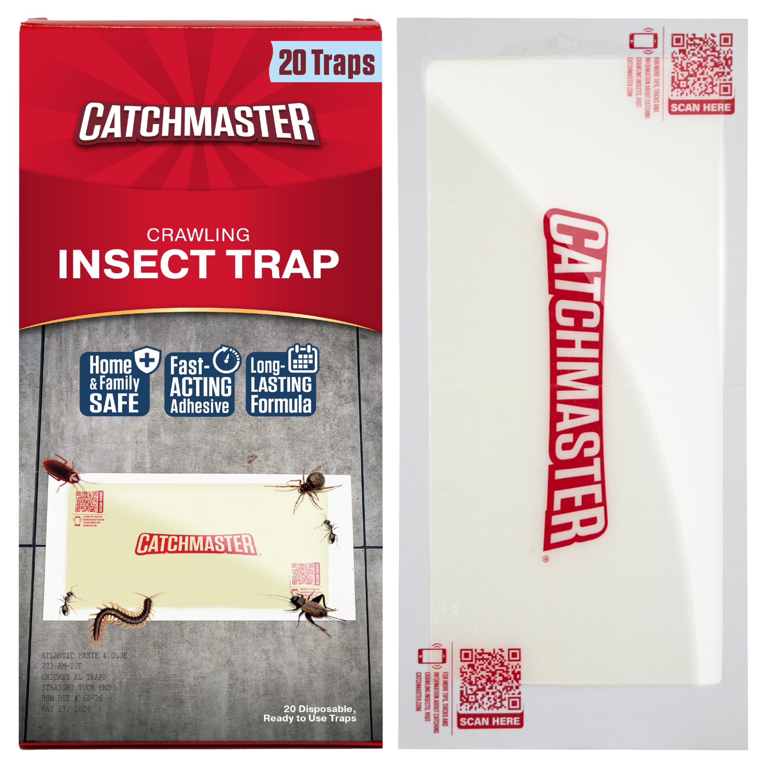 Catchmaster XL Extra-Strength Centipede & Spider Glue Traps 20-PK, Adhesive Bug Catcher, Spider, Cricket, Ant & Roach Traps for Home, Bulk Insect Glue Boards for House & Garage, Pest Control for Home