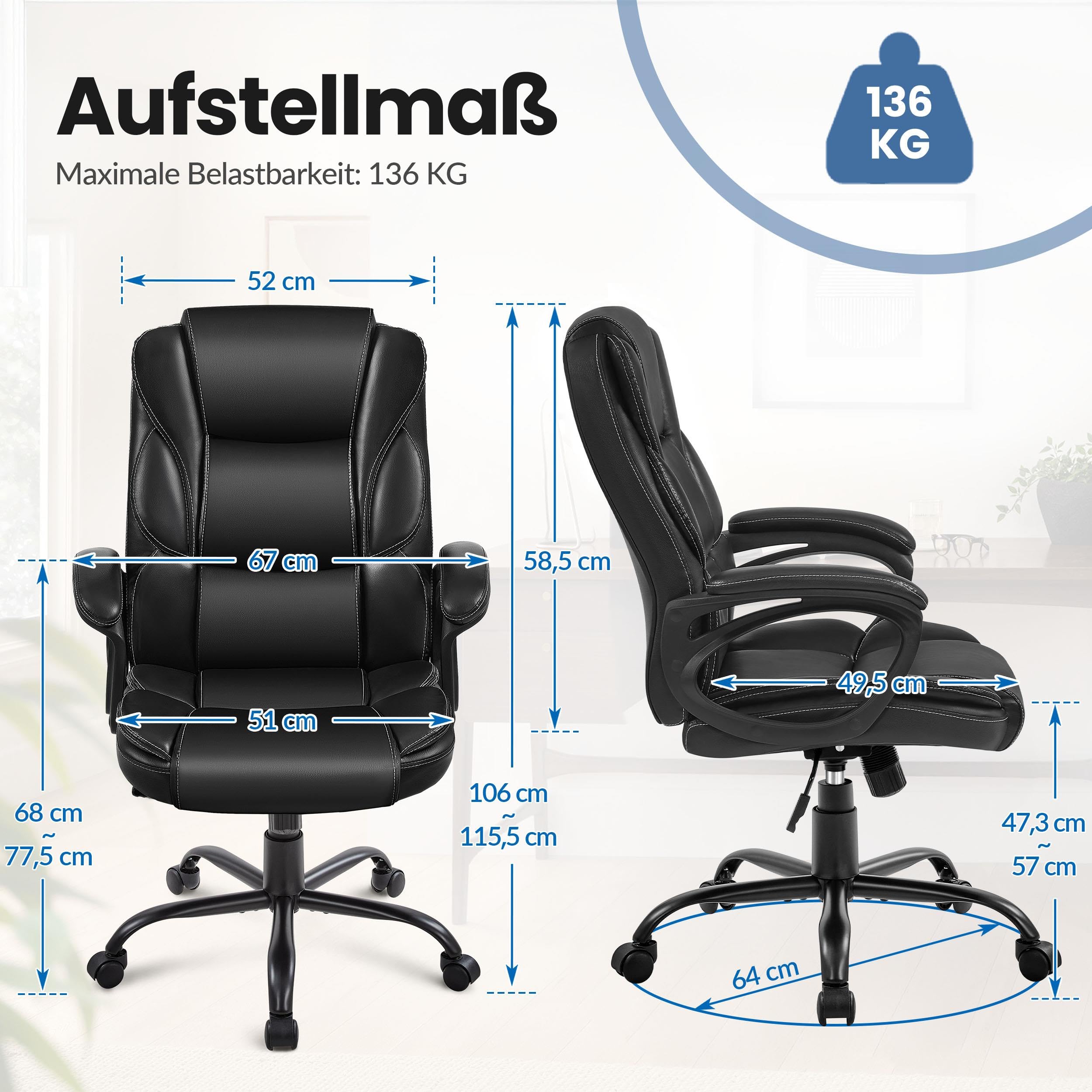 Yaheetech Bürostuhl Schreibtischstuhl, Chefsessel aus Kunstleder, Drehstuhl mit Rollen, Computerstuhl mit Hoher Rückenlehne, Wippfunktion, Belastbar bis 136 kg, Schwarz