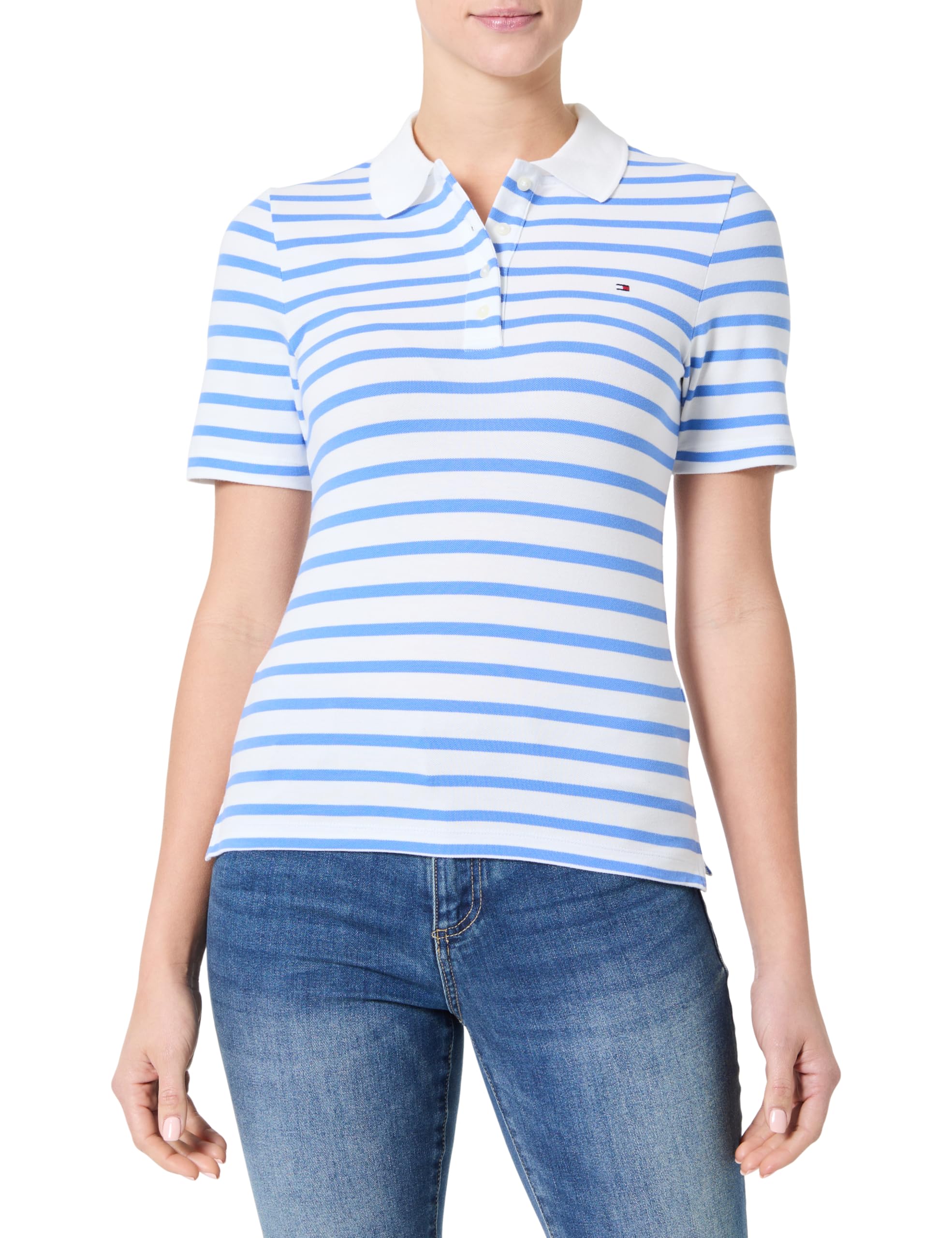 Tommy Hilfiger Women's Short Sleeve Slim Fit Polo Shirt, Multicolor (Ecru/Blue Spell STP), S