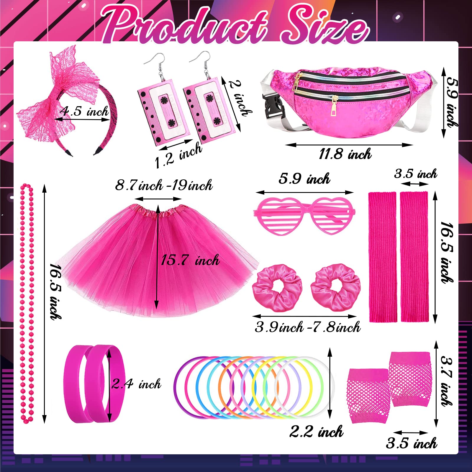 26PCS Deguisement Annee 80s Accessoire, Tenue de Soirée Disco Néon des Années 90s, T-shirt, Tutu, Bracelet, Sac Banane, Lunette, Bracelet, Colliers, Jambières, Tenu Année Thème Soirée Carnaval Femme