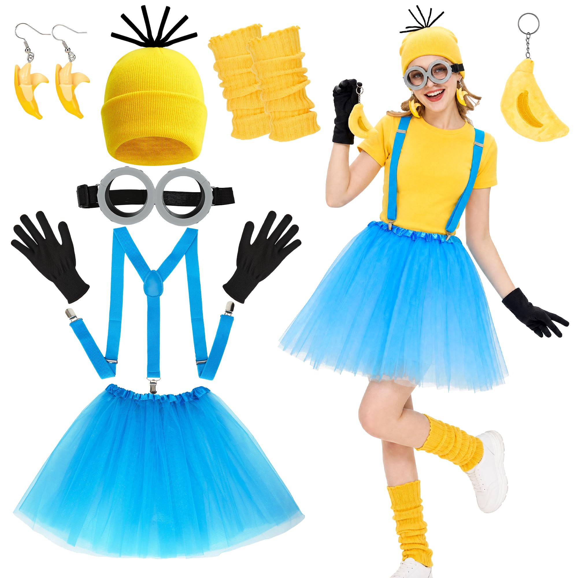 Rilcn Funny Yellow Costume Women 8PCS Halloween Fancy Dress Set, Cartoon Style Outfit with Beanie, Goggles, Tutu & Accessories for Party Group Cosplay