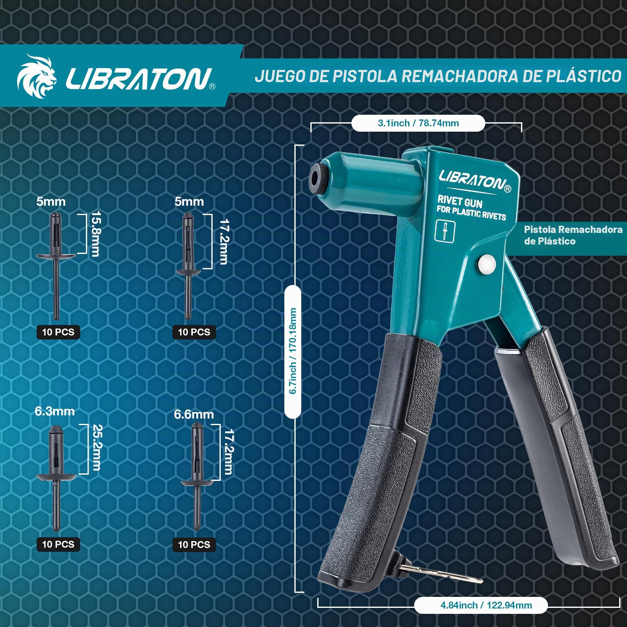 LIBRATON - Kit de pistola remachadora de plástico, remachadora manual de 90 grados con 40 remaches de nylon (4 tamaños), punta universal para automoción/electrónica, ergonómica y con un 50% menos de