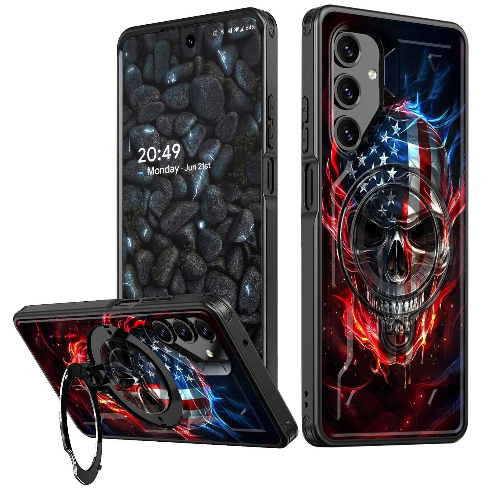 GYSYZJDH for Samsung Galaxy A16 5G Phone Case with Rotating Ring Stand, Military-Grade Shockproof Cover, Slim & Wireless Charging Compatible, Skull