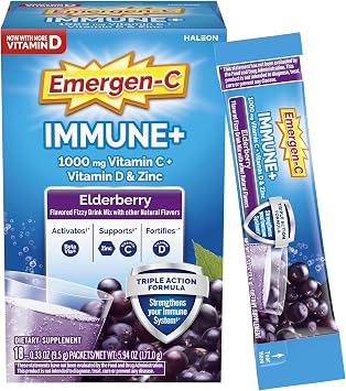 Emergen-C Immune+ Triple Action Immune Support Powder, BetaVia R, 1000mg Vitamin C, B Vitamins, Vitamin D and Antioxidants, Elderberry, Back to School Essentials 18 Count