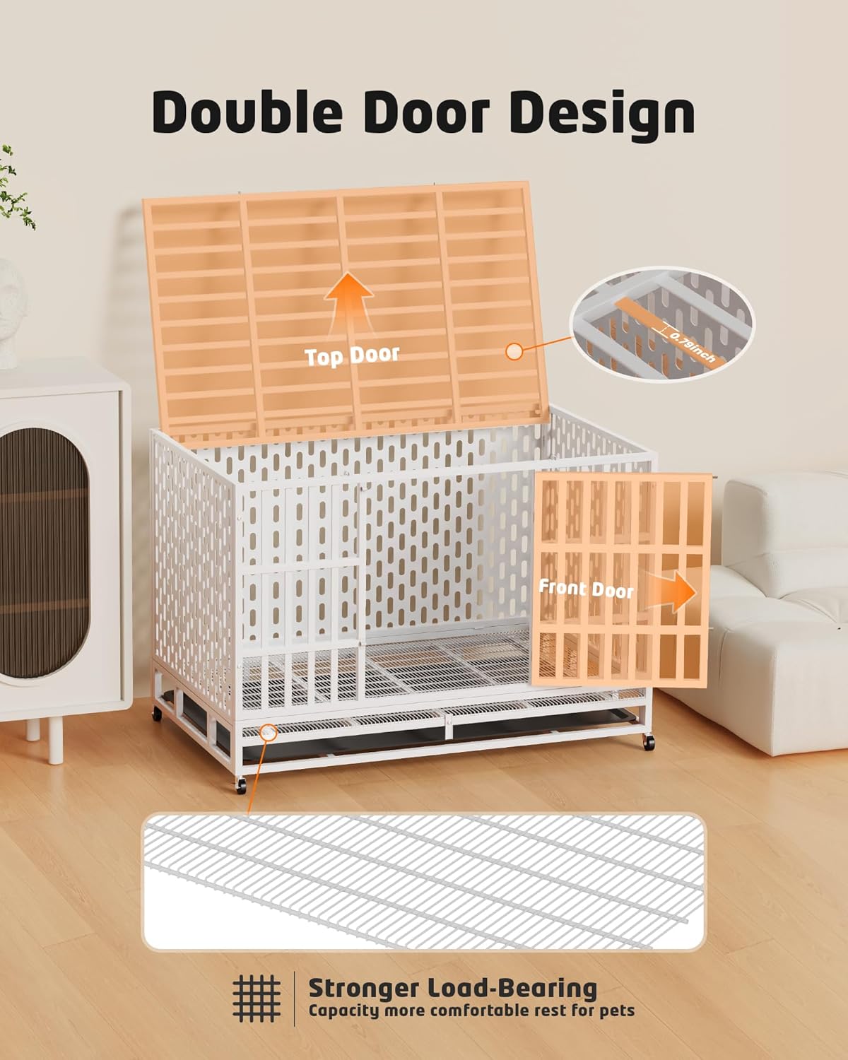 Illustration of the HIWOKK dog crate's double door design, showing both the front and top doors open, with details on the 0.79-inch steel bars and stronger load-bearing floor.