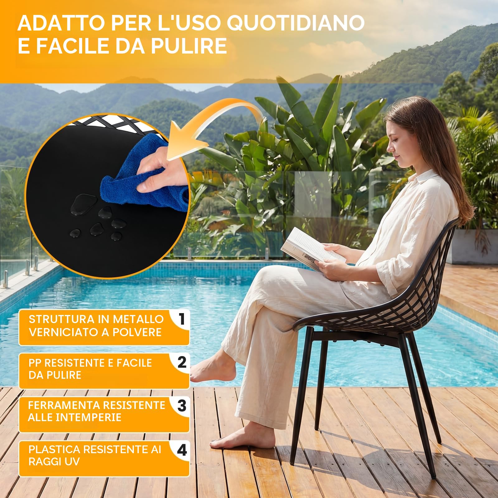 Sedie da Esterno, Set di 6, Schienale in Plastica Traforato, Piedi in Metallo, Polipropilene, Nero