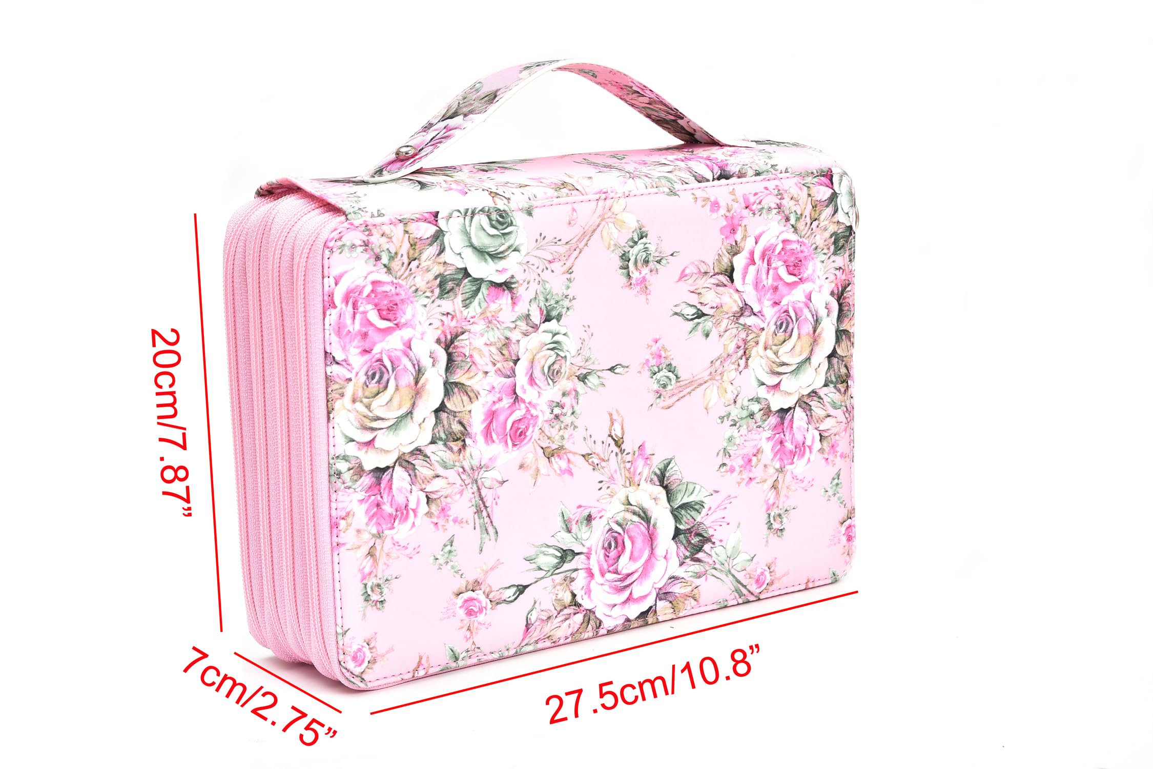 Becho Multifunction Zipper Soft Leather Pencil Case with Multi-Layer Zipper Separation High Capacity Holder Pouch Pen Bag Colored Flower Pencil Pen Box 200 Slots (Pink) - Image 2