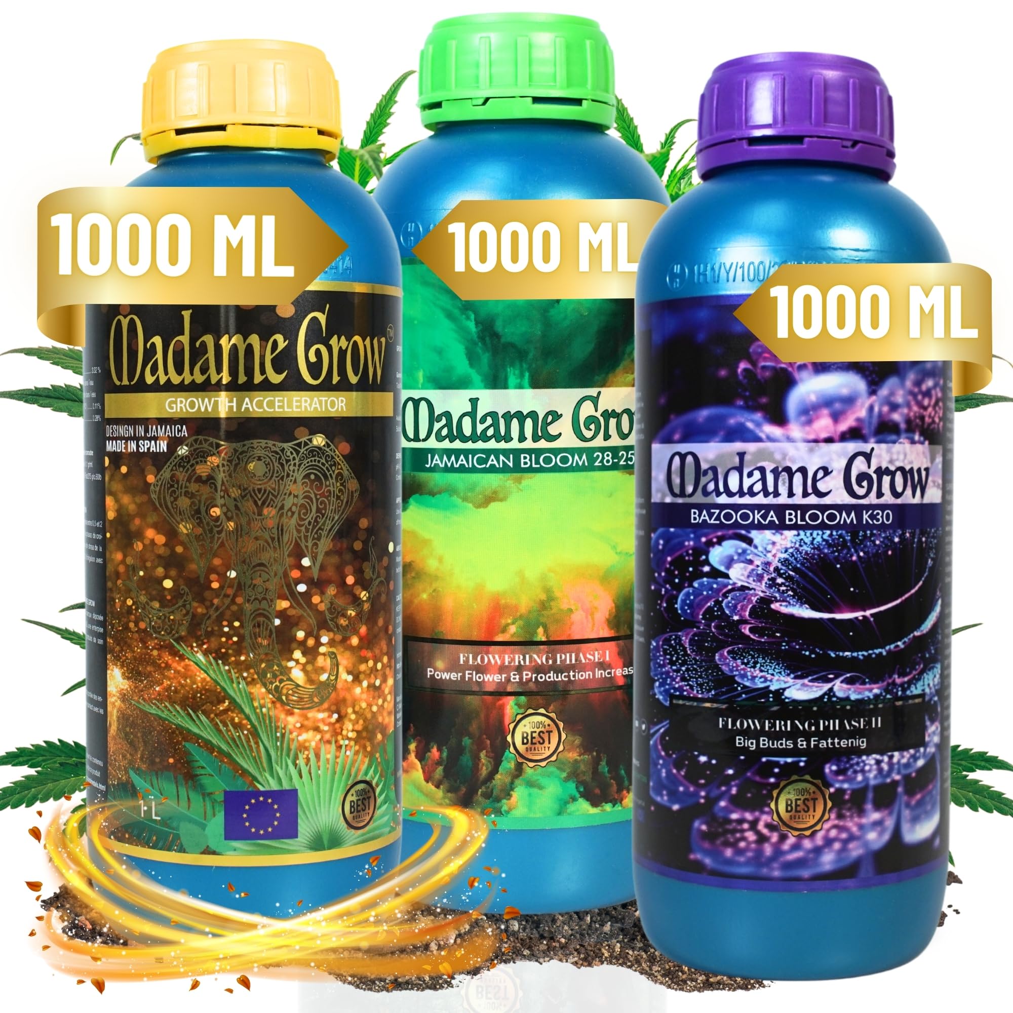 MADAME GROW Kit Power 3PACK 3 x 1 Litro | Pack Fertilizantes Crecimiento Floración y Engorde | Enraizante + PK Floración + Engordador K30 | Kit 3 Abonos Orgánicos