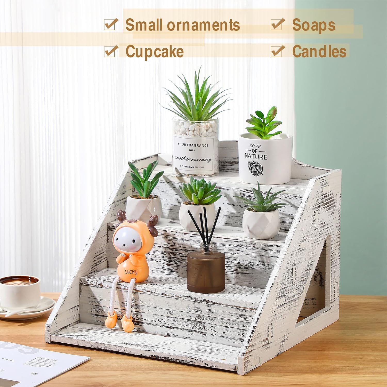 Jetec 4 Tier Wood Cupcake Display Stands Retail Wooden Craft Fair Display Riser Rustic Dessert Holder Rack Soap Stand for Craft Show Baby Shower Cupcakes Candy Wedding Party(Retro White)