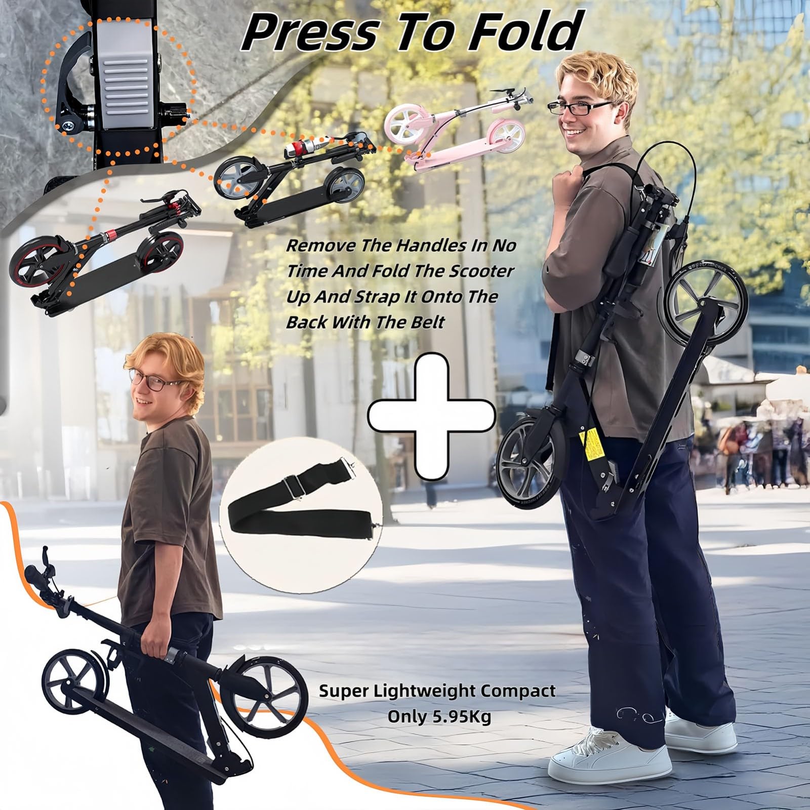 City Scooter Monopattino Per Adulti Ruote Da 230 Mm PU Big Wheel, Pieghevole E Regolabile In Altezza Con Freni E Ammortizzatori, Capacità Di Carico 150 Kg