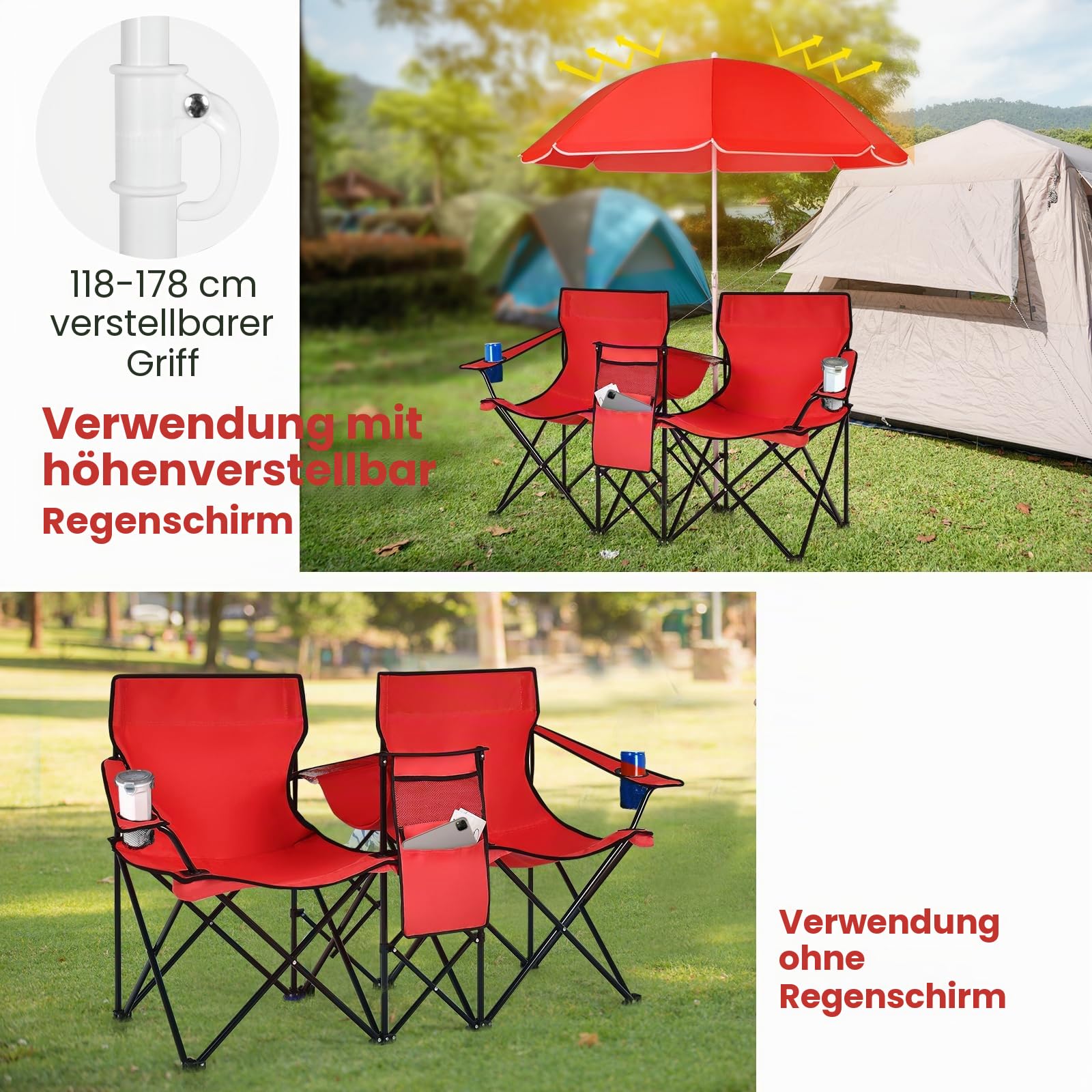GIANTEX 2er Partner Campingstuhl mit Sonnenschirm, klappbarer Doppel Angelstuhl mit Getränkehalter & Kühltasche, Klappstuhl für 2 Personen, Anglerstuhl in Tasche, Faltstuhl Doppelsitzer