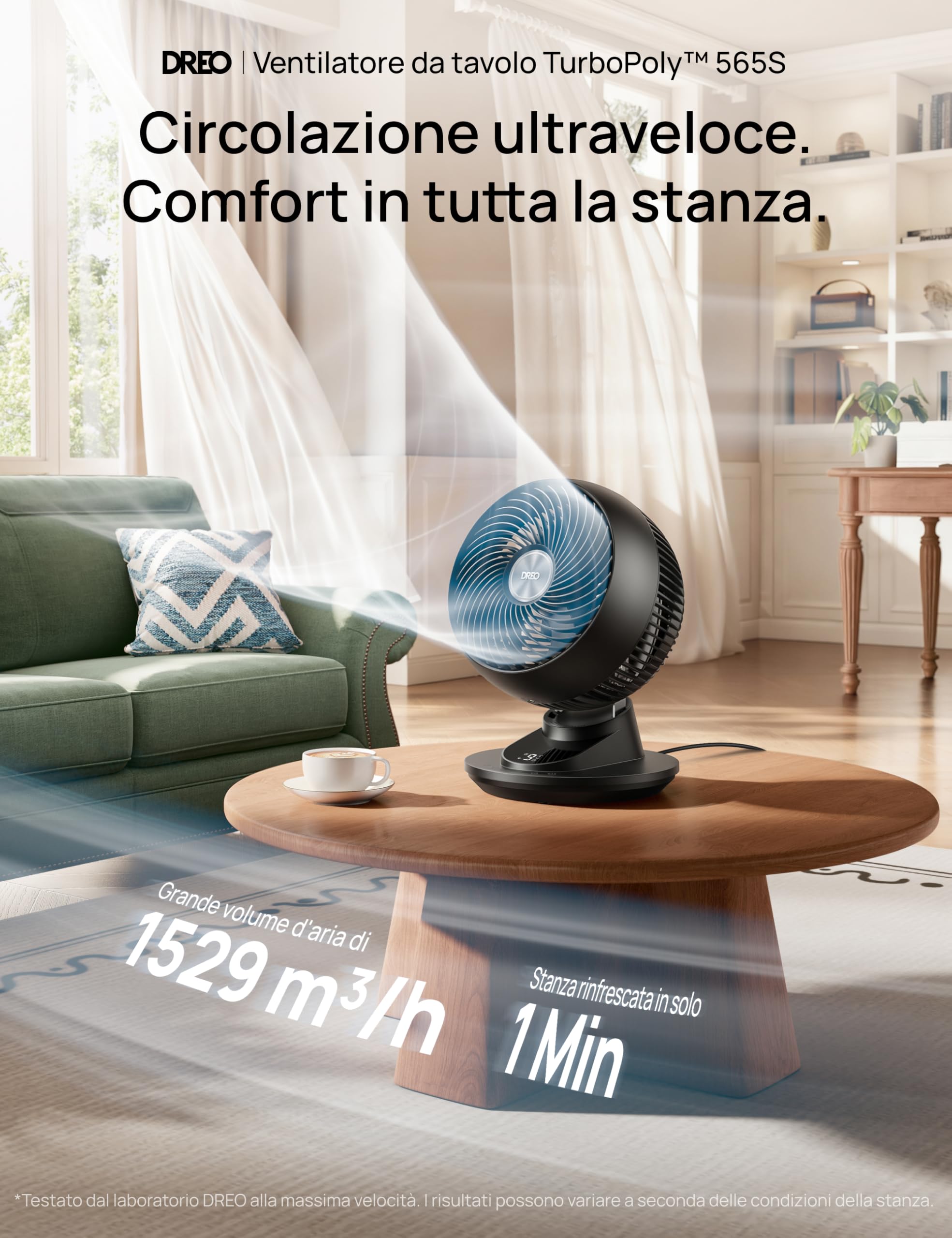 DREO ventilatore da tavolo intelligente 3D per camera, flusso d’aria potente 8,8 m/s, ultra silenzioso 22 dB, oscillazione 90°, controllo app e vocale, 9 velocità, timer 8/12 h per casa e ufficio.