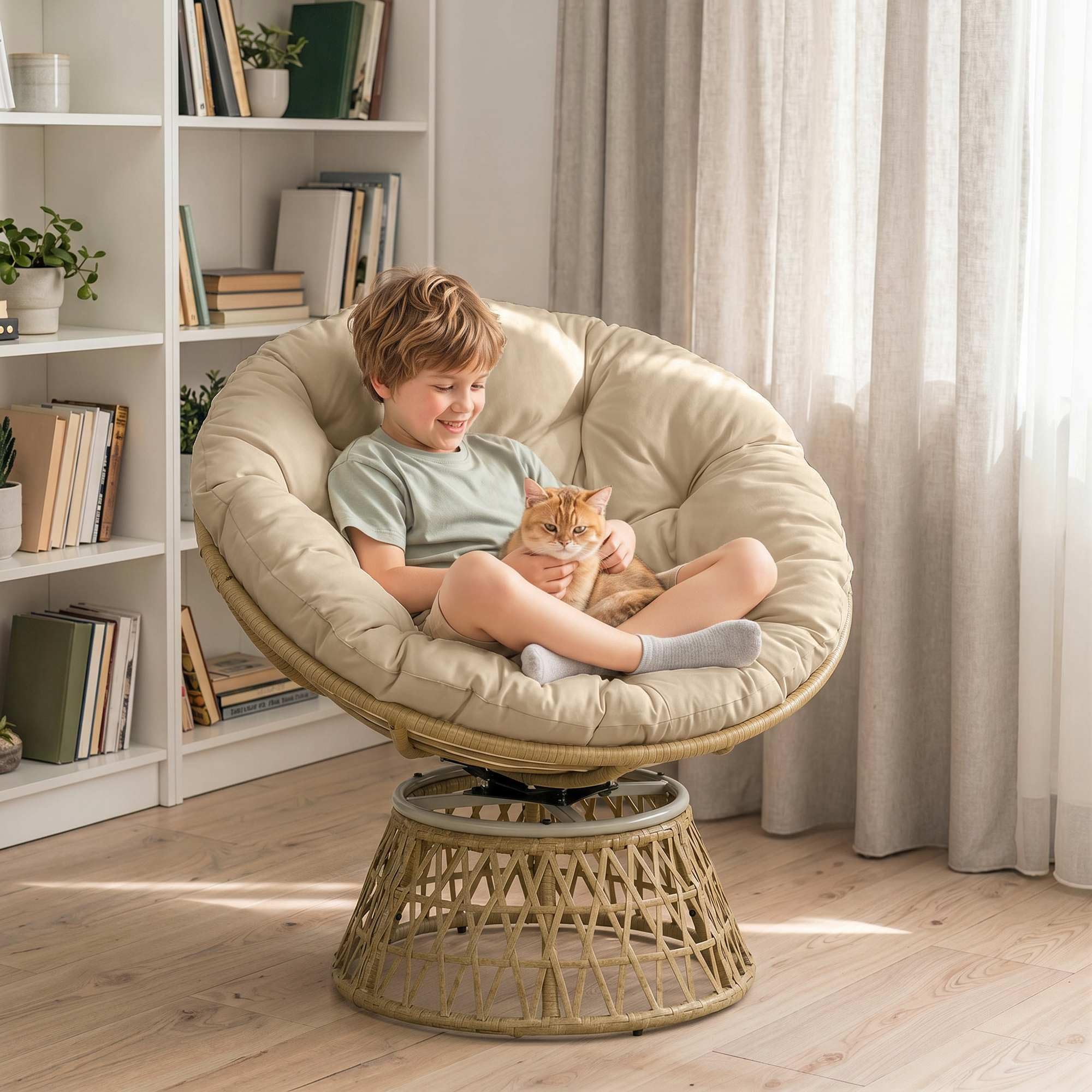 Outsunny Sillón Papasan Giratorio 360° de Ratán Sintético, Silla Redonda de Mimbre PE con Cojín y Marco de Acero, Resistente a Intemperie, Carga 120 kg, para Jardín, Terraza, 85x70x82 cm, Amarillo
