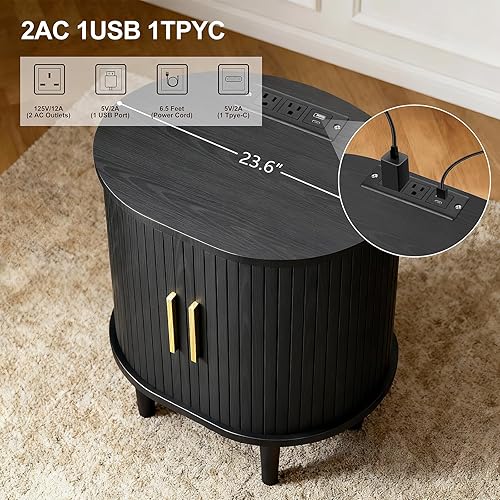 Miniatura 4 de Mesa auxiliar con estación de almacenamiento y carga, mesa auxiliar acanalada con puerta corredera y estante ajustable, mesita de noche moderna de