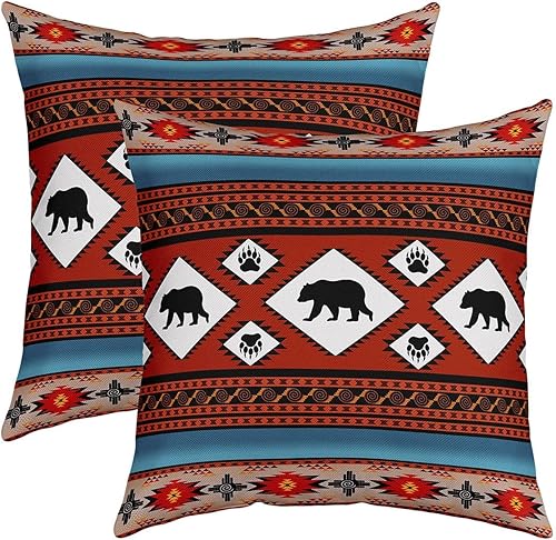 Miniatura 7 de Juego de 2 fundas de almohada de oso azteca de 20 x 20 pulgadas, fundas de cojín estilo occidental para sofá, cama, sillón, diseño tribal étnico