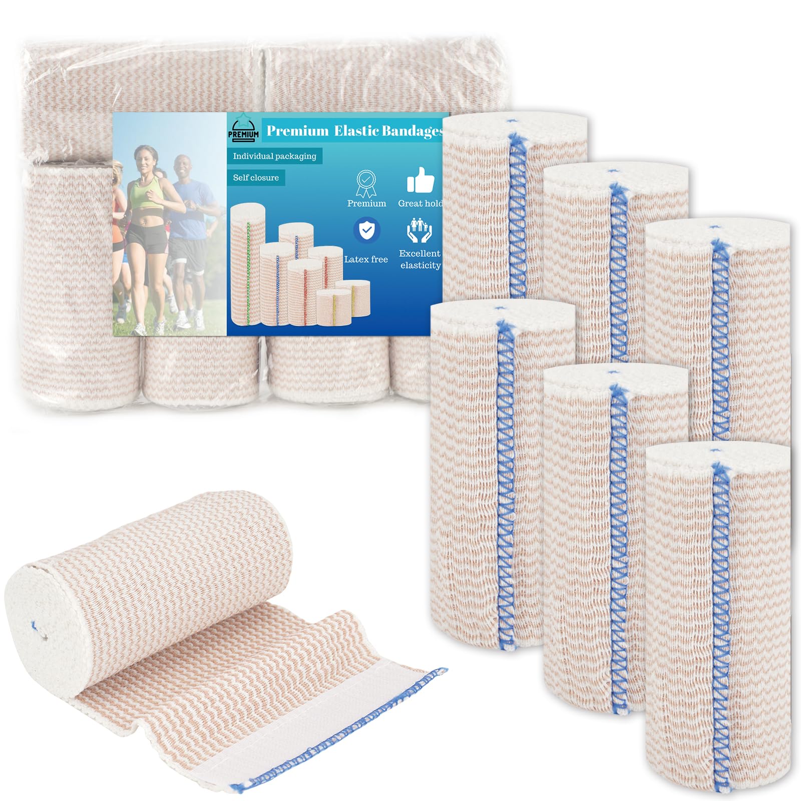 Premium Elastic Bandage Wrap 4 inch 6 Pack Reusable Versatile Compression Wraps for Ankles, Wrists Knee, Tummy and Body Durable and Comfortable Compression Bandage Latex-Free (4” Wide 6 Pack)