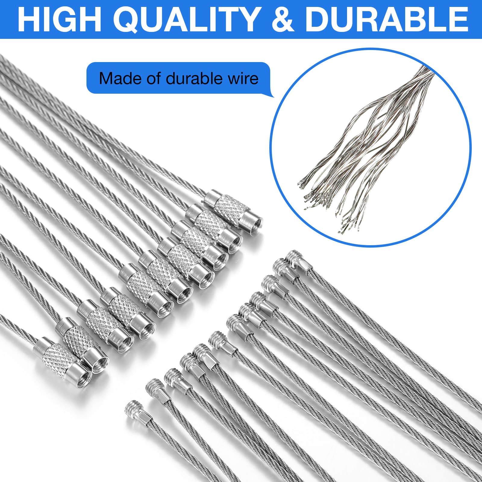 Hotop Filo portachiavi cavo 10,2 cm filo di acciaio inossidabile portachiavi cavo intrecciato in acciaio sfuso per etichette bagagli loop tag, Argento, about 0.06 x 4.33 inches