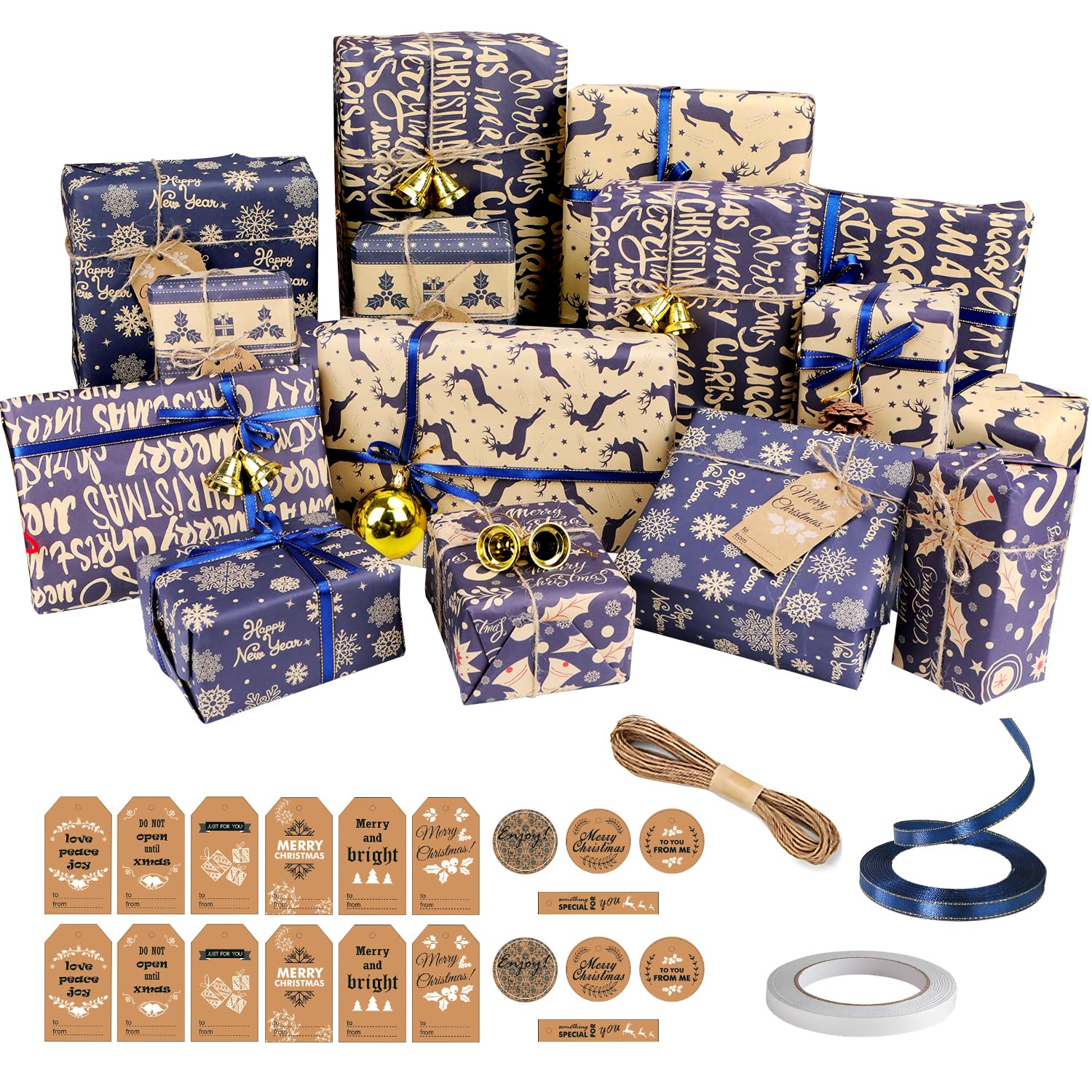 15 Sheets Christmas Gifts Wrapping Papers Set With Tags Twine Ribbon Tape, Blue Recyclable Xmas Gift Wrap Paper for Kids Children Adults Christmas Arts Crafts Present Decorations, 50 x 70cm