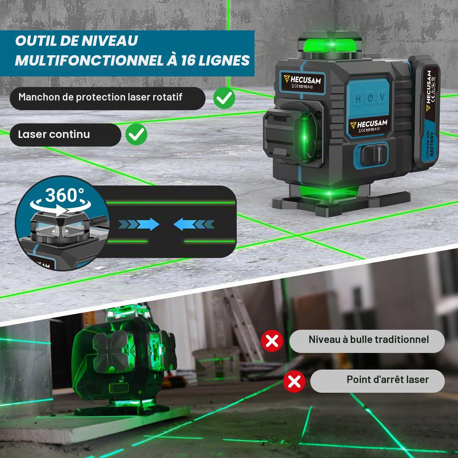 Niveau Laser Avec Trepied, Niveau Laser Chantier Autonivelant 4×360°, Laser à Lignes Continues Avec FenêTre De Rotation à 360°, Batterie 2×4800 mAh, Indice IP54 Pour Bâtiment, Carrelage