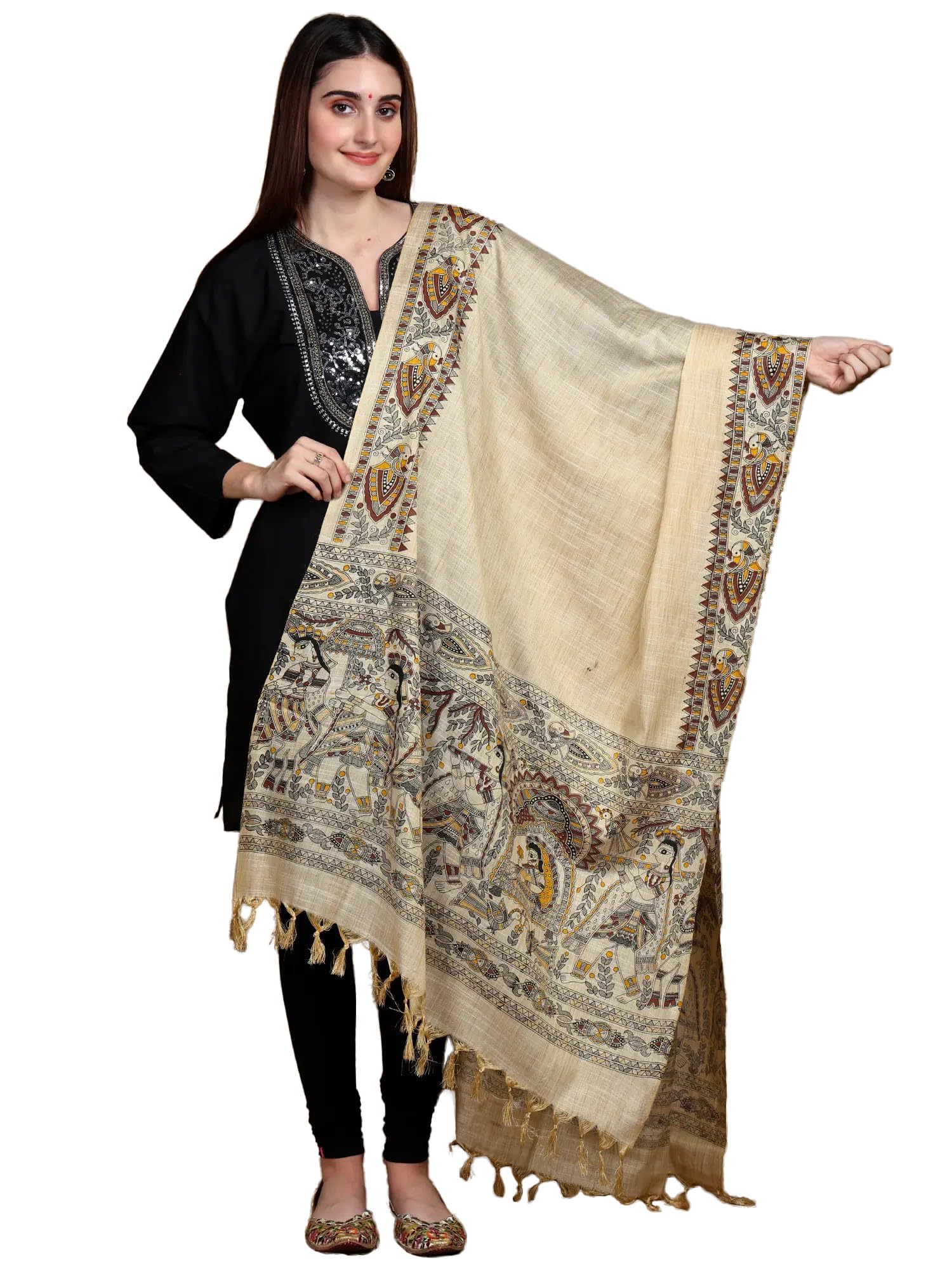 Women's Khadi Cotton Shawl with Madhubani Art Printed and Peacocks Border | Beautiful Wedding Palanquin Soft Weave Design Stole, Scarf for Girl