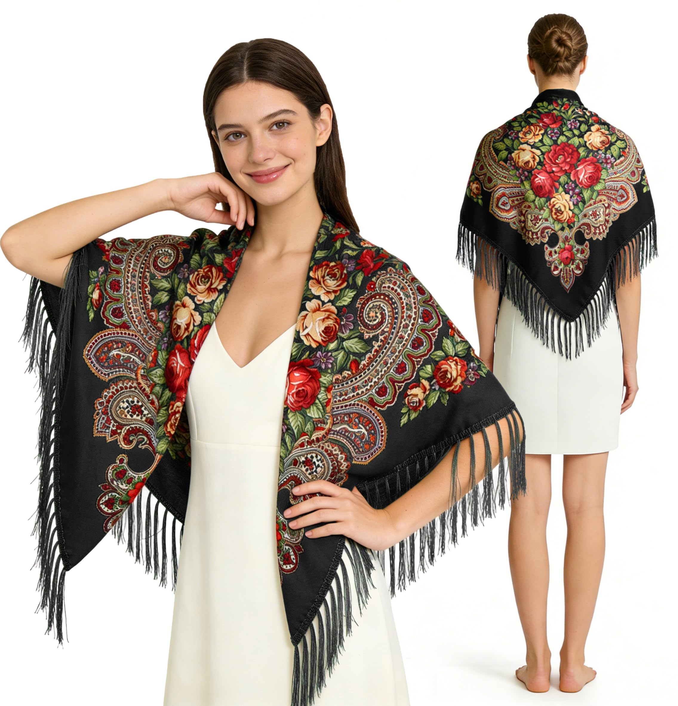 Russian Style Muffler Warm Scarf with Tassel Women's Traditional Scarf Wrap Shawl Fringes Printing Cape