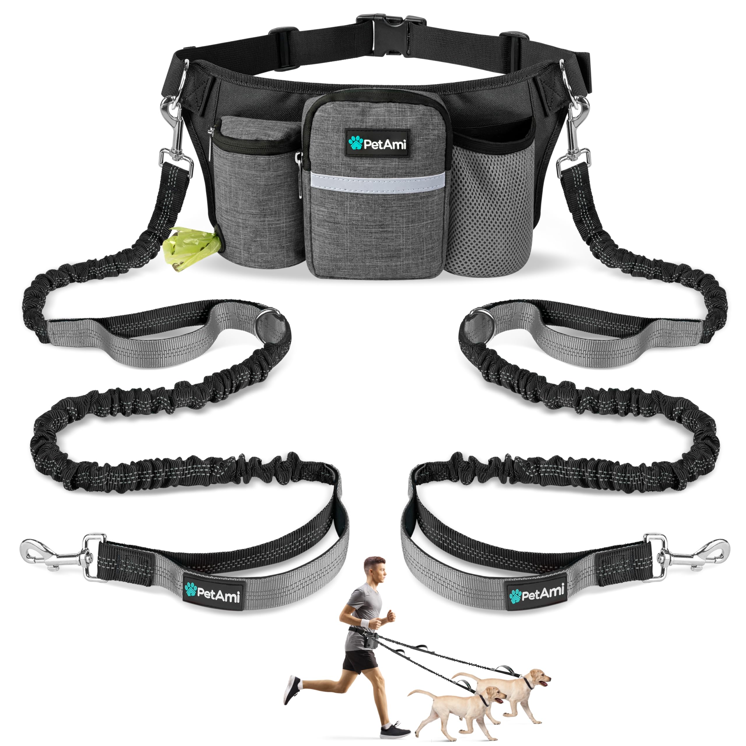 PetAmi Premium Hands Free Dog Leash for 2 Dogs, Adjustable Waist Belt Leash for Dog Walking, Fanny Pack Accessories Bag Dual Bungee Leash for Running, Hiking, Jogging, Biking, Charcoal Grey