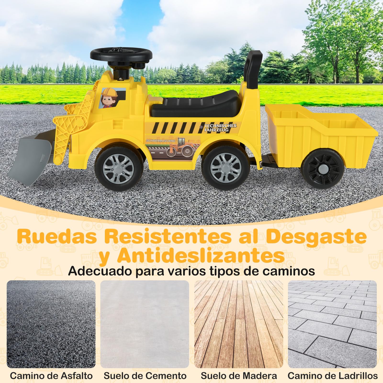 COSTWAY Coche Correpasillos para Niños, Excavadora de Nieve de Paseo Infantil con Remolque y Pala, Almacenamiento Oculto, Música, Bocina, Excavadora Correpasillos para Niños de 19-36 Meses(Estilo 2)