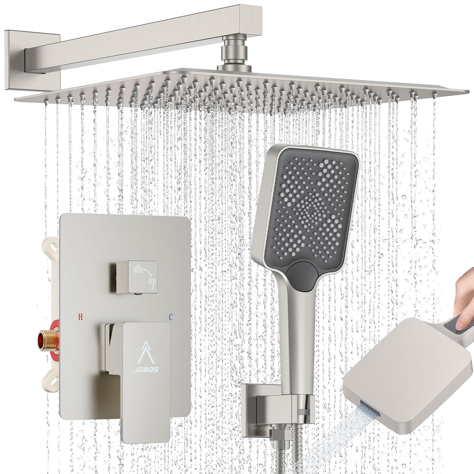 Shower System Modern Rain 12 inches Brass Shower Faucet Set with Valve and Diverter Shower Mixer with Handheld High Pressure Square Rainfall Shower Rough-in Valve (12‘’, Brushed Nickel)