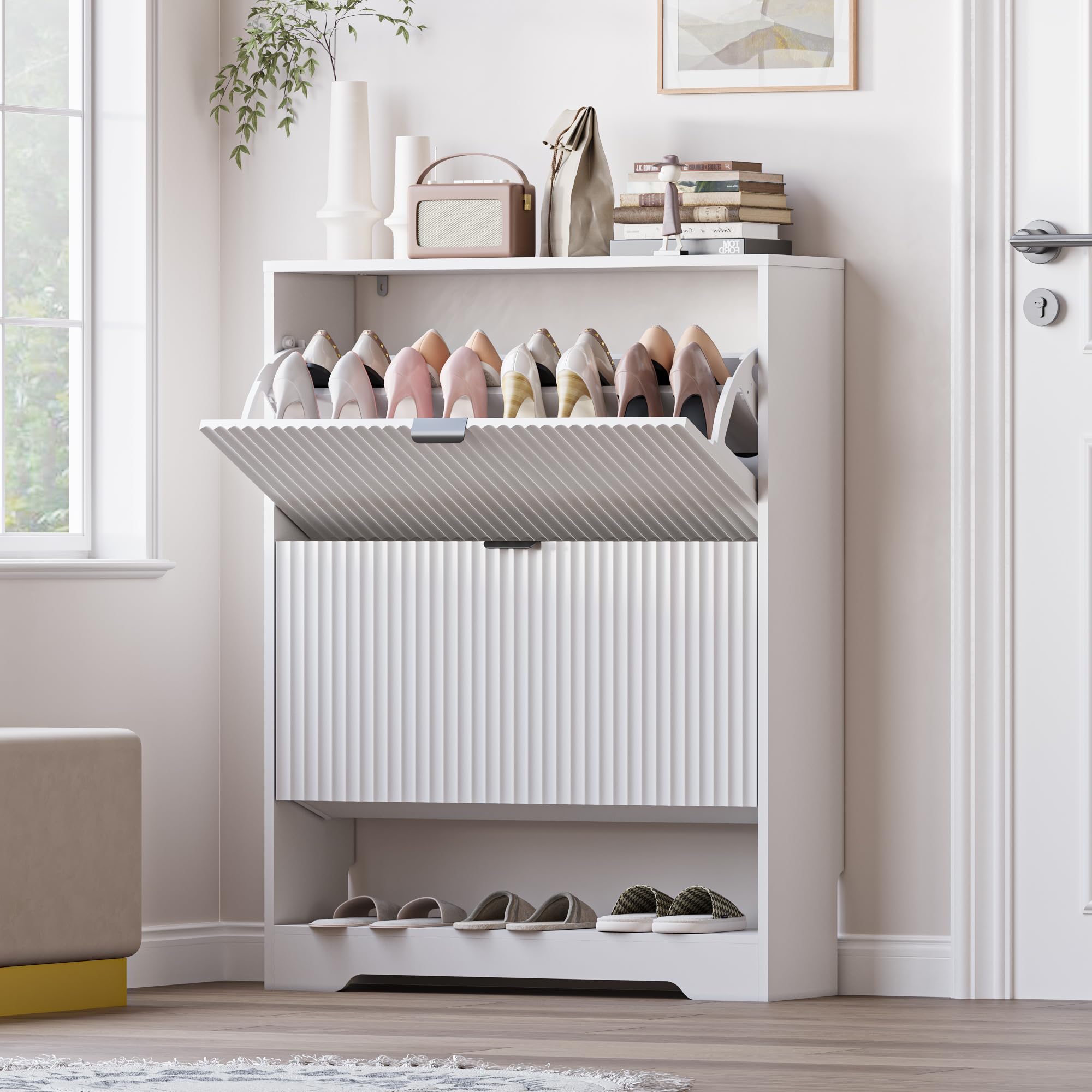 BORNOON Shoe Cabinet with 2 Flip Drawers, Fluted Shoe Storage Cabinet with Adjustable Shelves, Freestanding Rack and Organizer for Entryway, Closet, Hallway