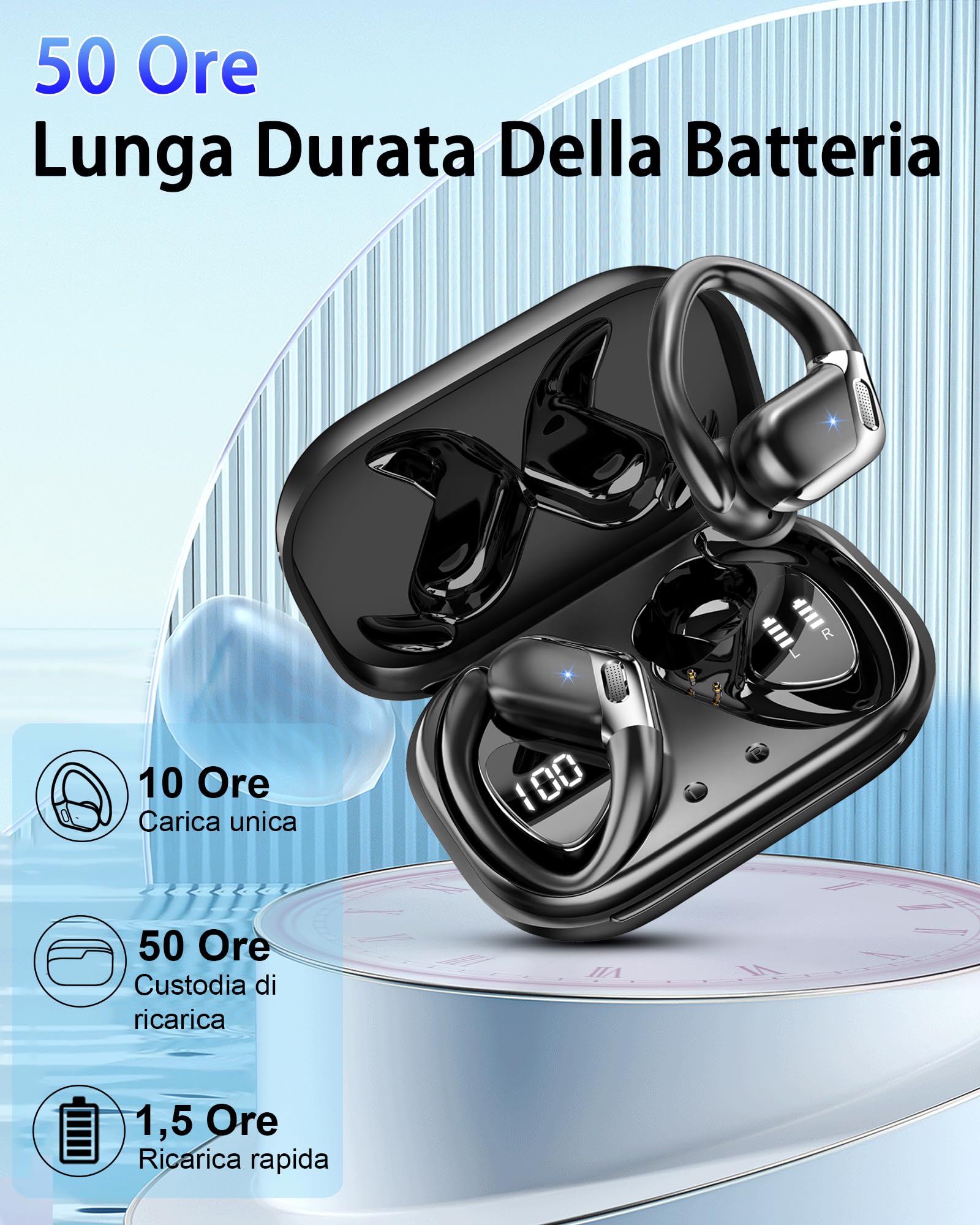 Cuffie Bluetooth Sport, Auricolari Bluetooth 5.4 HiFi Stereo, 50H Cuffie Wireless CVC 8.0 Cancellazione Rumore, Ricarica Rapida USB-C, Cuffiette Bluetooth IP7 Impermeabil per Running Palestra Correre