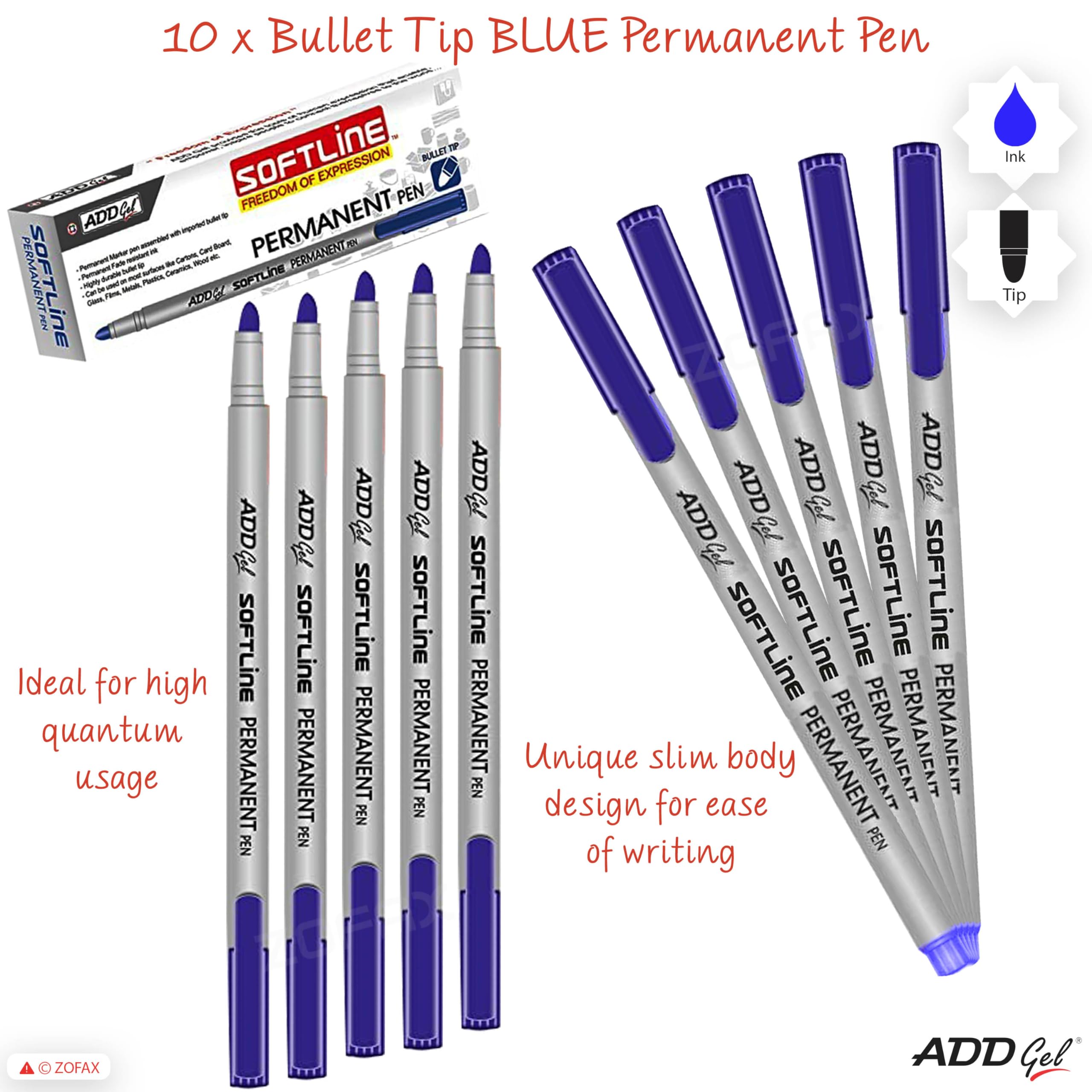 SoftLine Permanent Marker Pens, BLUE, Medium Point (1.0 mm), Pack of 10, Waterproof, Quick Drying, Writes on Most Surfaces - Image 2