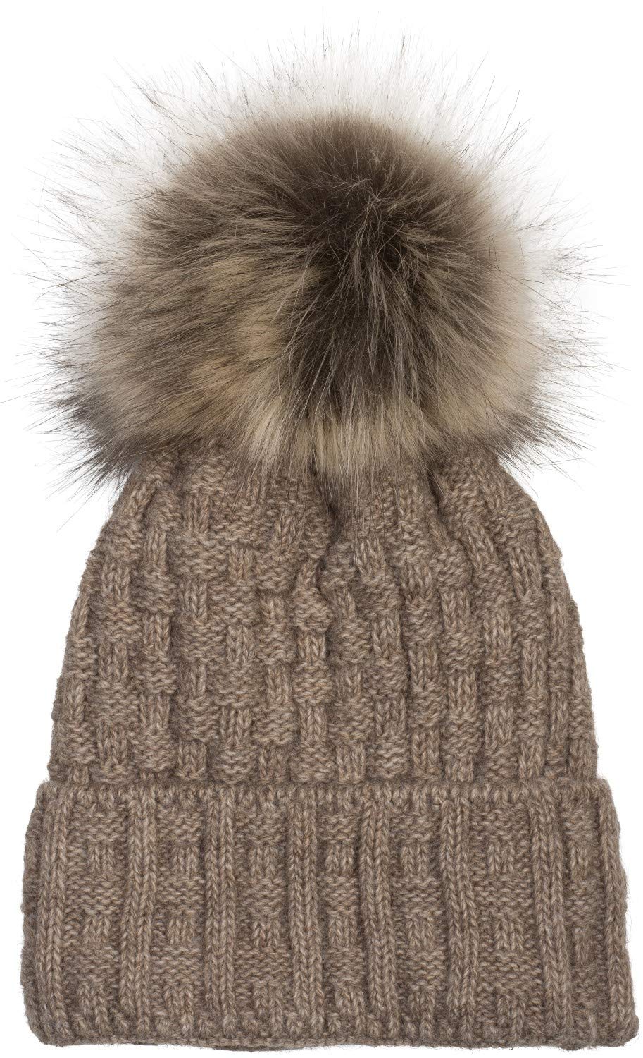 Stylebreaker Women's Mottled Brown Unisex Knit Pompom Hat With Woven Pattern And Thermo Fleece Lining, Winter Fur Bobble Hat, Fake Fur, Made In Poland 04024171, Colour: