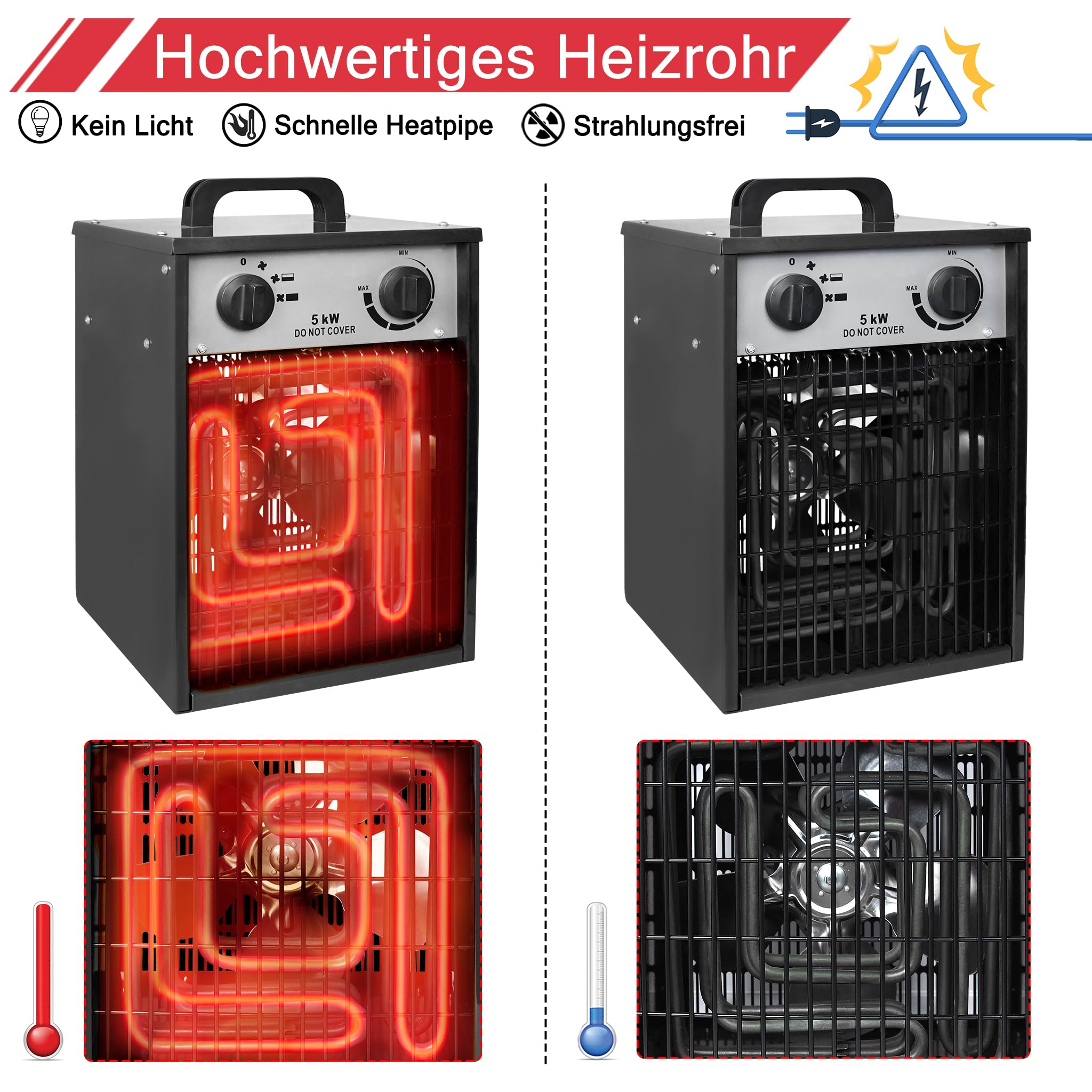 Aufun Termowentylator elektryczny 5 kW, profesjonalny, przemysłowy, grzejnik elektryczny, z 4 stopniami ogrzewania, ochrona przed przeciążeniem, idealny do użytku wewnątrz i na zewnątrz (5000 W,