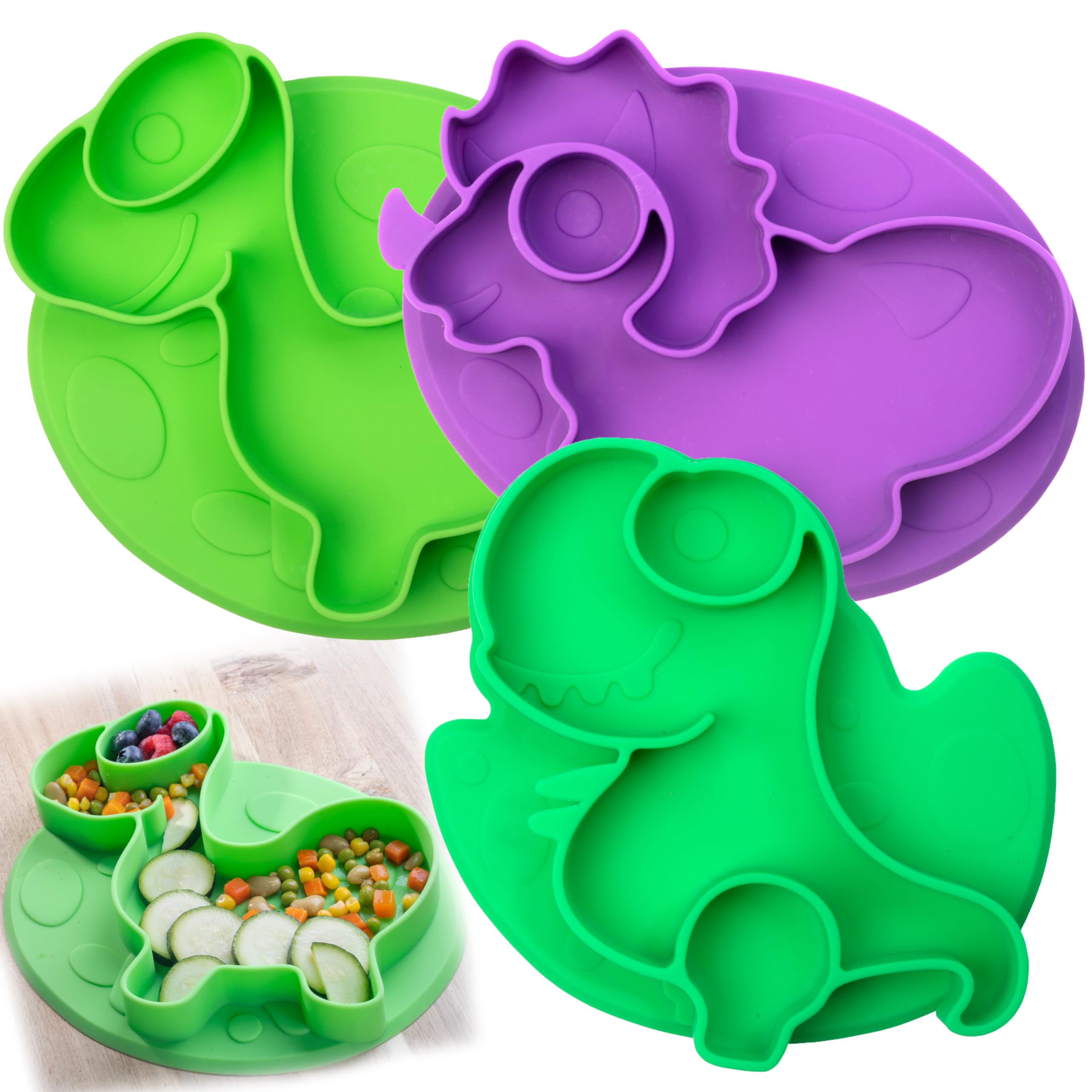 Toddler Silicone Non-Slip Divided Plates- 3 Difft Dino Designs (T-Rex Tricera Bronto)- Large Compartments for Easy Food Training-Unbreakable