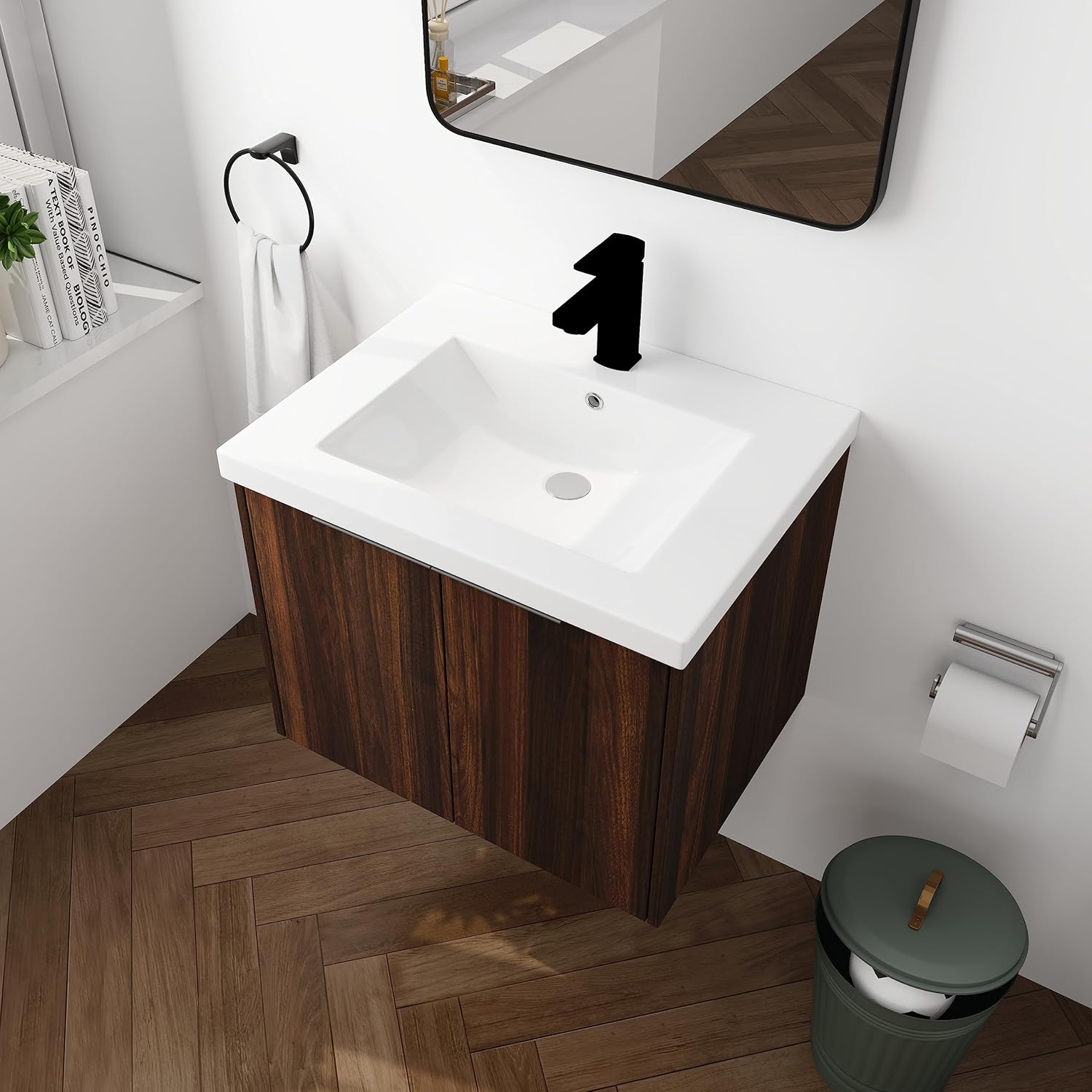 30" Bathroom Vanity with Sink, Modern Floating Vanity, 30 Inch Single Sink Vanity Cabinet Combo, Brown Wall Mounted Storage Cabinet Set with Doors (IMO, 30''W x 18''D)