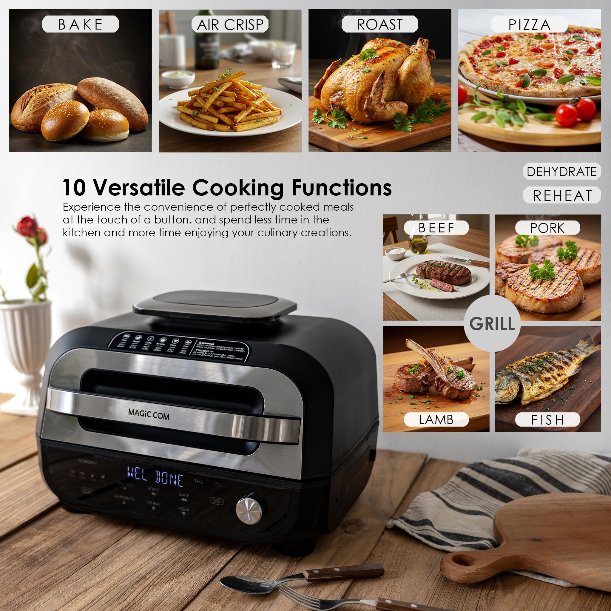 MAGiC COM Indoor Grill and Air Fryer, 7-in-1 Electric Grill with Steak, Roast, Air Crisp, Bake, Dehydrate, Pizza and Reheat. Smart Thermometer, Non-Stick, Dishwasher Safe/Black